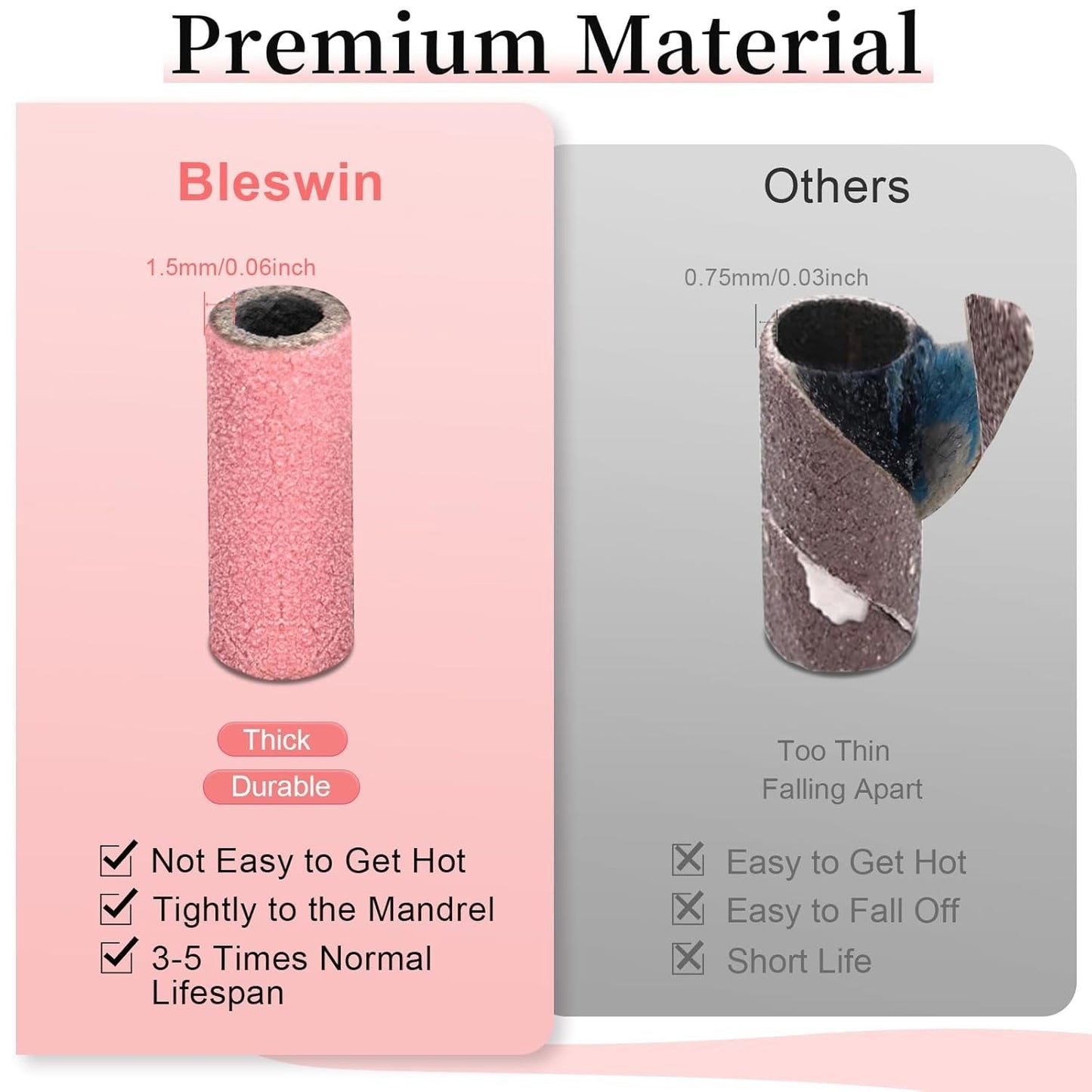 BLESWIN Nastri abrasivi piccoli per punte da trapano per unghie, 100 pezzi, grana fine 240 con 2 punte da trapano da 3 mm, mini nastri abrasivi per lucidare unghie naturali e pulire cuticole per la preparazione, rosa