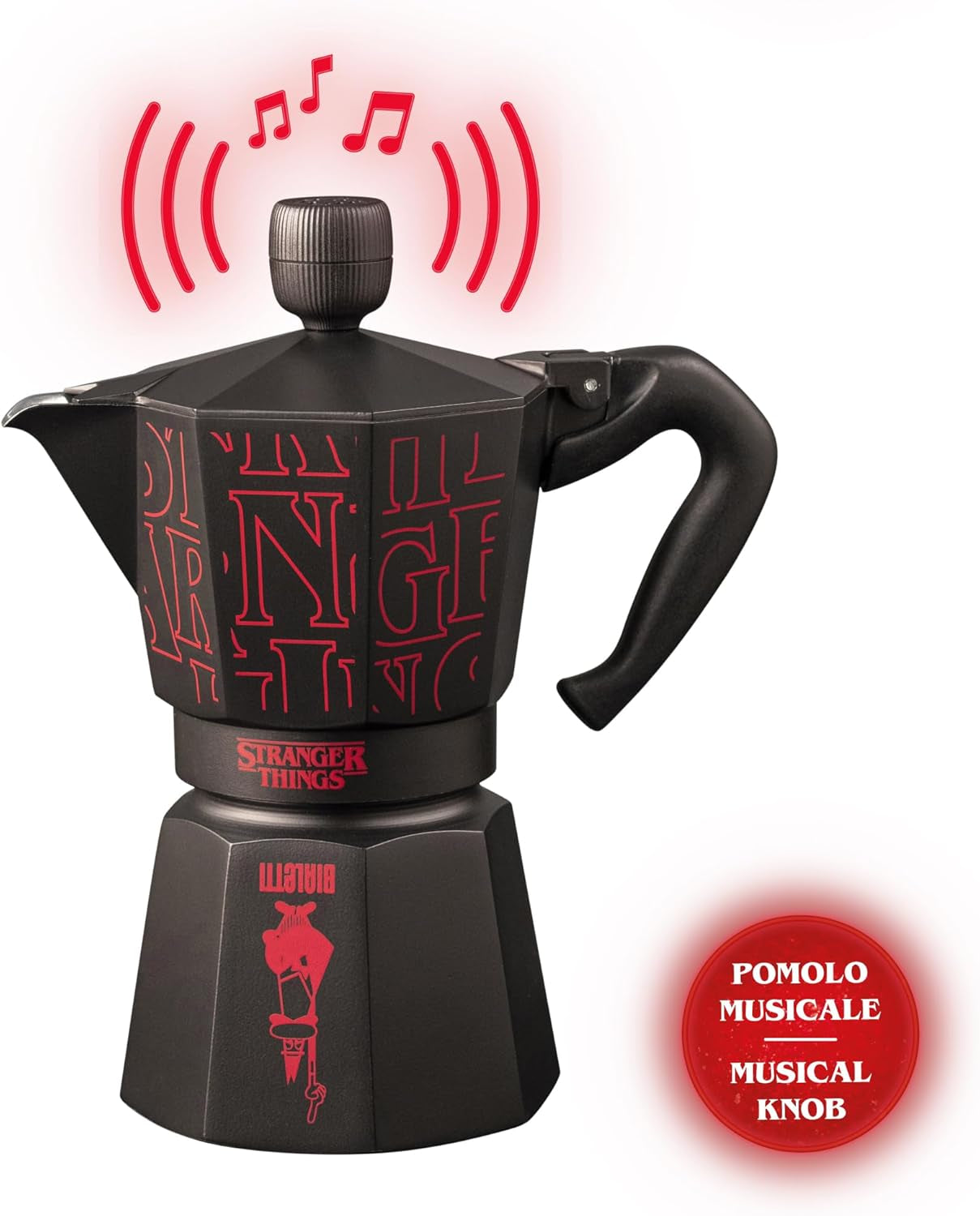 Bialetti Moka Express Stranger Things Caffettiera da 6 tazze, Tasto Musica con Funzione di Ricarica USB-C, Non Adatta ai Piani di Cottura a Induzione, 6 Tazze (270ml), Nero