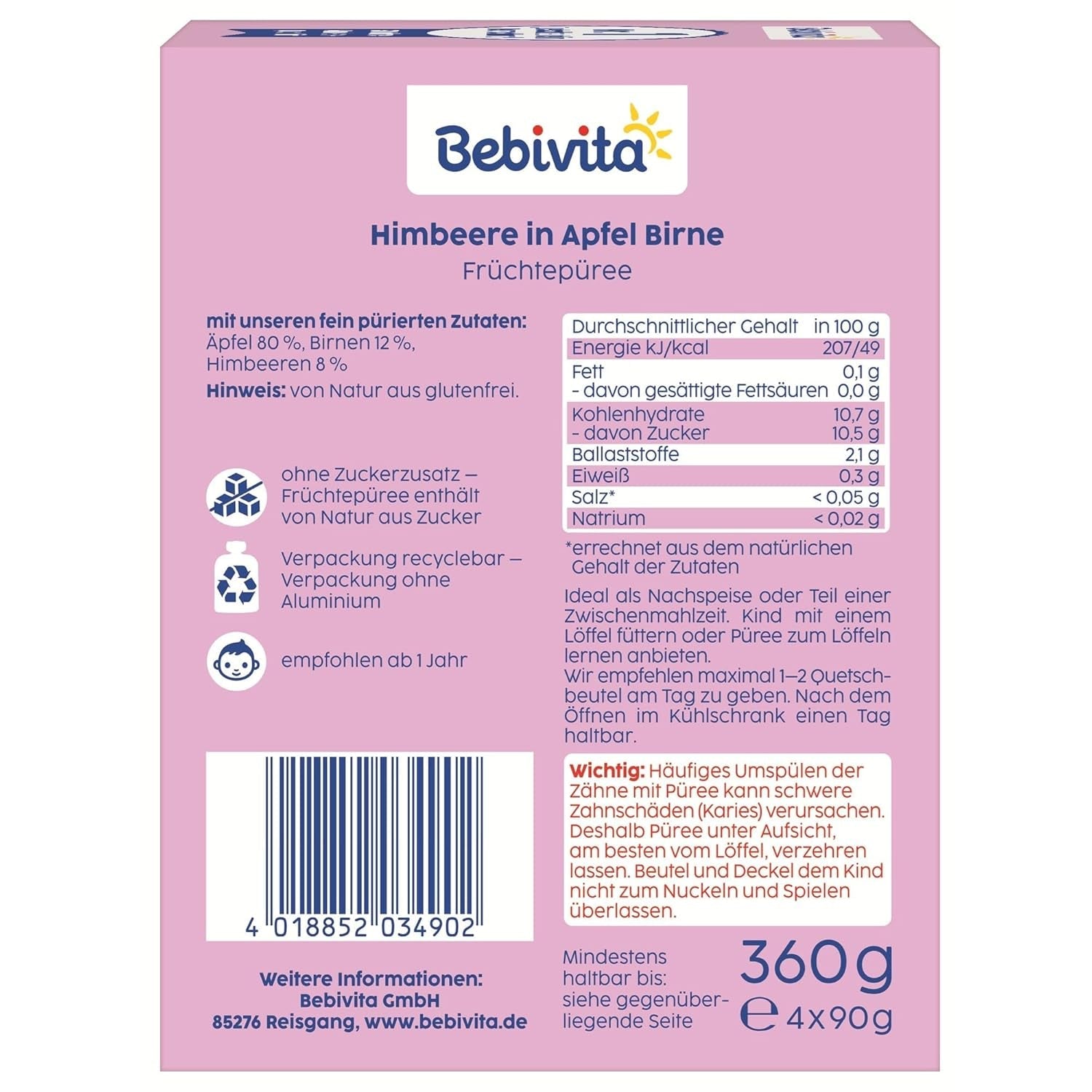 Himbeere in Apfel Birne Quetschie – 16 Stück (4er Pack, je 4 x 90g), senza zucchero, senza glutine, ideale per snack unterwegs e selbständiges