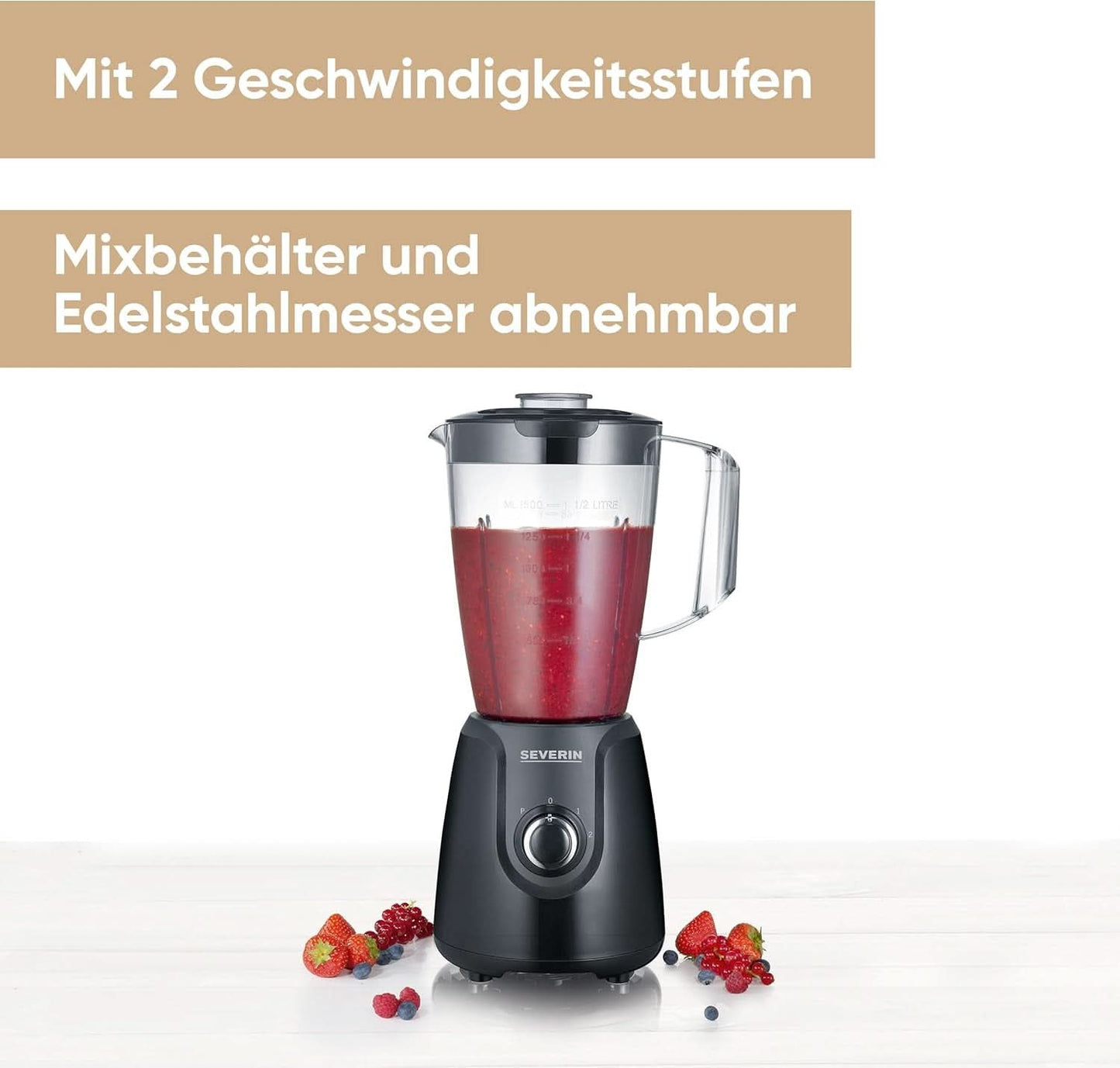 SEVERIN Robot da cucina con miscelatore da 1,5 L in tritan, mixer con 2 fuochi e funzione a impulsi, Leistungsstarker Küchenmixer con Edelstahlmesser, 600 W, Nero, SM 3707 Cucina Naty Shop
