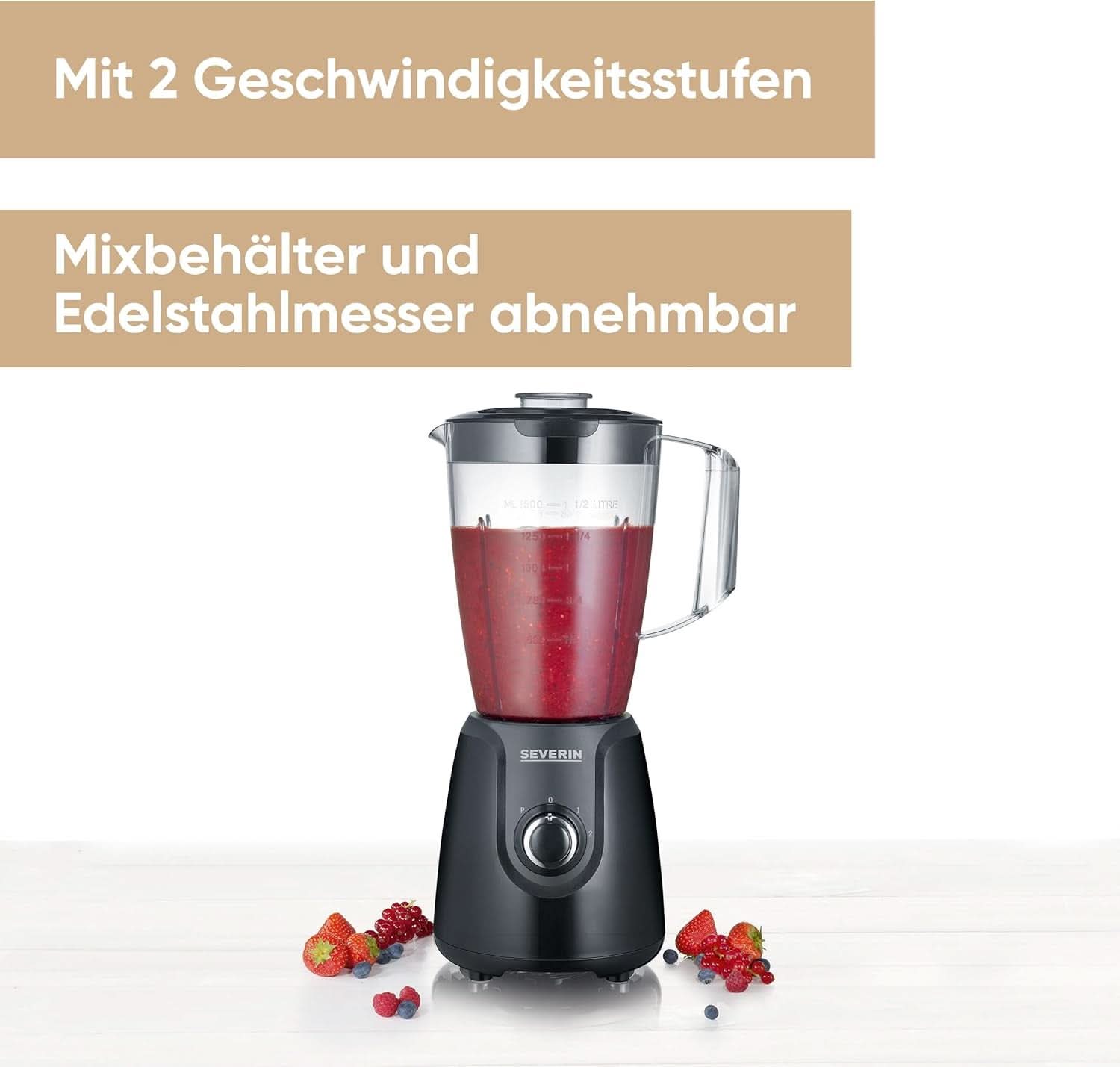 SEVERIN Robot da cucina con miscelatore da 1,5 L in tritan, mixer con 2 fuochi e funzione a impulsi, Leistungsstarker Küchenmixer con Edelstahlmesser, 600 W, Nero, SM 3707 Cucina Naty Shop