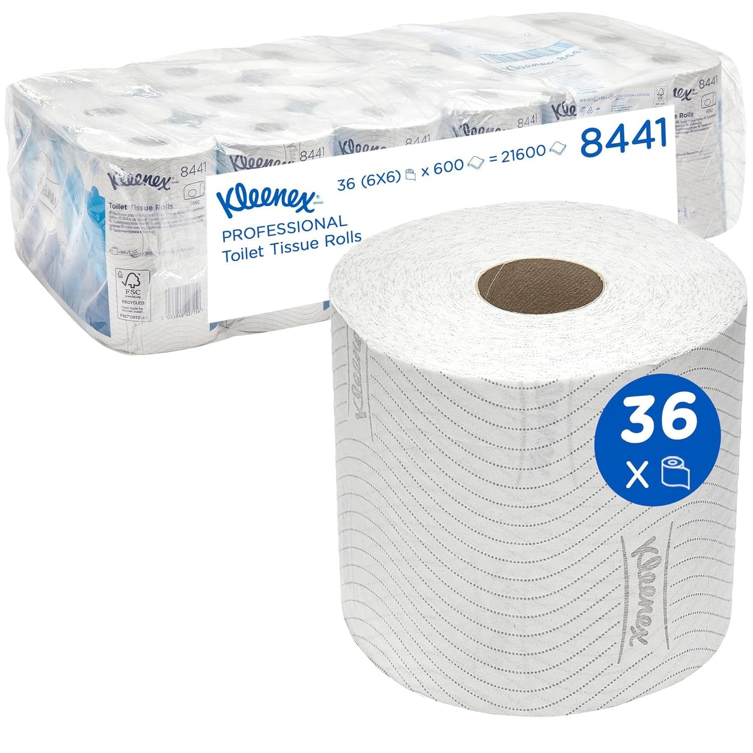 Kleenex Standard Roll 8441 Carta igienica - Carta igienica a 2 veli - 6 confezioni da 6 rotoli x 600 fogli ciascuno, bianco (36 rotoli/21.600 fogli totali)