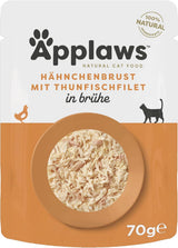 Applaws 100% naturale Nassfutter für Katzen, Hühnerbrust mit Tunfischfilet in Brühe - Packung mit 12 x 70g Beuteln