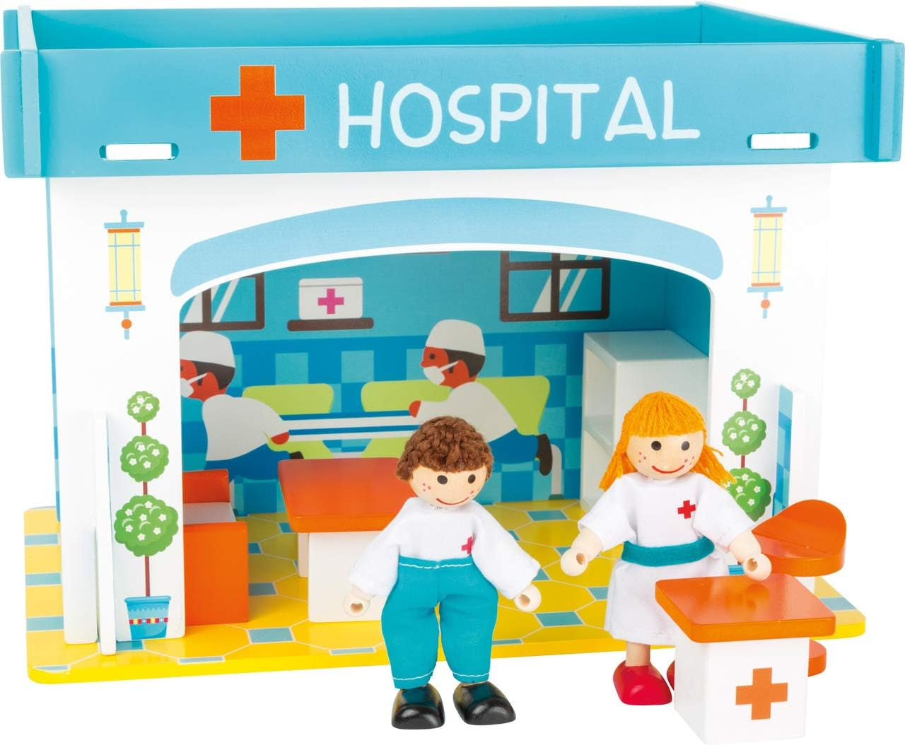 Small Foot 10852 Casetta da gioco Ristorante In legno, Con 2 bambole, accessori e tetto rimovibile, A partire da 3 anni Case delle bambole Naty Shop Ospedale