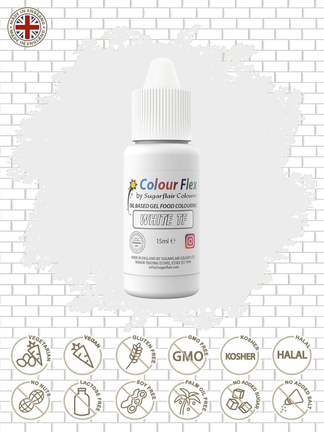 Sugarflair Colourflex Colorante alimentare bianco a base di olio, colorante alimentare liquido altamente concentrato, colorante alimentare per crema al burro, cioccolato, pasta, fondente, glassa e altro - 15 ml