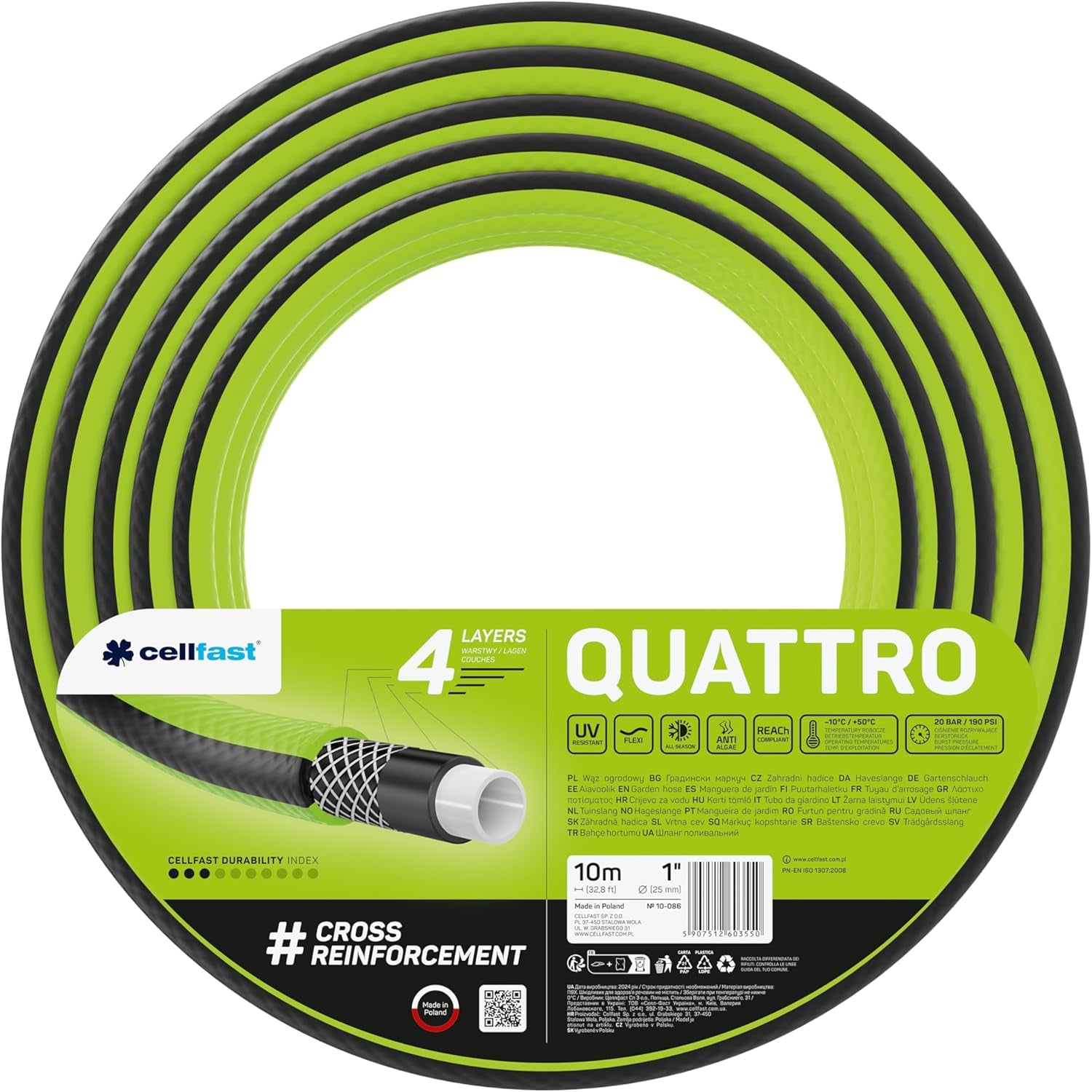 Tubo da giardino Cellfast QUATTRO Tubo flessibile da giardino durevole e leggero a 4 strati resistente ai raggi UV con treccia incrociata 20 Bar 3/4" 15 m 10-074