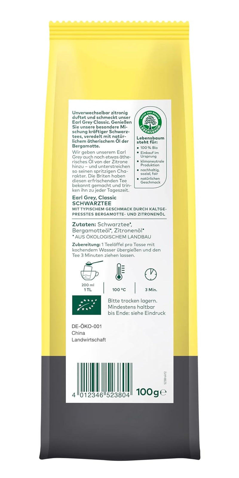 Tè nero classico Lebensbaum Earl Grey con olio naturale di bergamotto e limone, armonico, aromatico, 100% biologico, sfuso, 100g