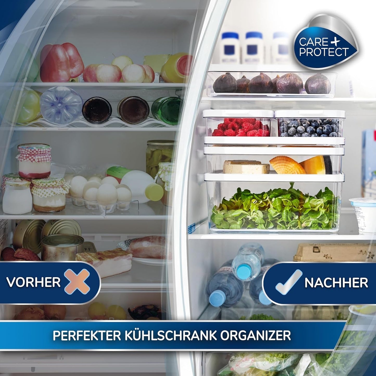 CARE + PROTECT Contenitore per alimenti intelligente, perfettamente impilabile, organizer per frigorifero, protegge gli alimenti dall'umidità, mantiene gli alimenti freschi più a lungo, 2,15 l Contenitori per alimenti Naty Shop