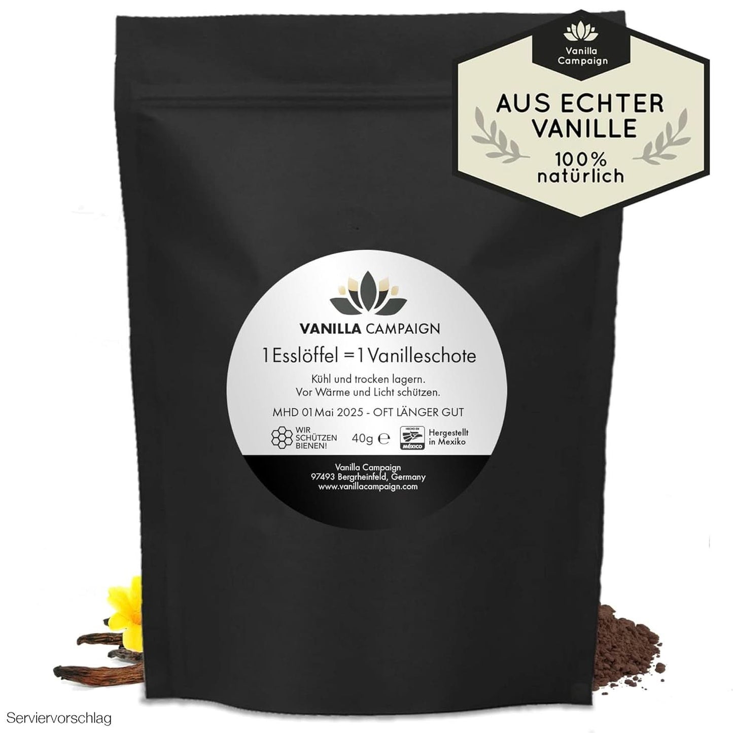 Vaniglia in polvere premium da veri baccelli di vaniglia, naturale, senza zucchero, senza additivi, commercio equo e solidale, vegana (40 g senza confezione) da Vanilla Campaign® Flavours Naty Shop 40 g (dose singola)
