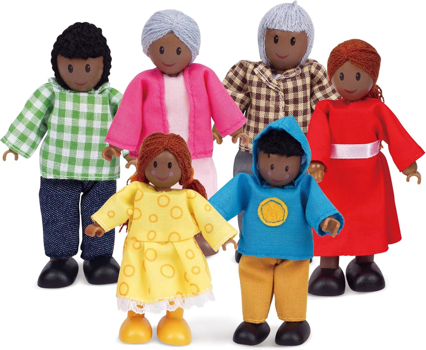 Hape Doll Family - Set di 6 accessori per casa delle bambole in pelle scura con figure in legno e tessuto, gioco di finzione, giocattolo educativo, giocattolo interattivo per bambini dai 3 anni in su