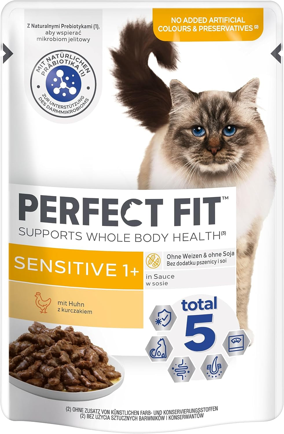 Cibo umido per gatti Perfect Fit Sensitive 1+ con pollo in salsa, 12 bustine, 12 x 85 g - Cibo umido premium per gatti sensibili a partire da 1 anno, senza frumento e soia, per favorire la digestione