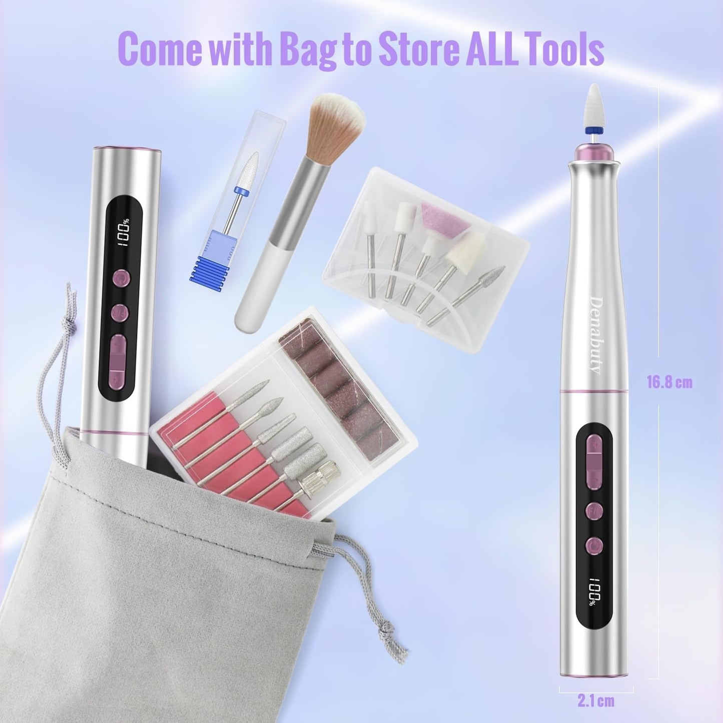 Denabuty Nagelfräser Kabellos, 13 in 1 Fräser Für Gelnägel 35000 U/Min, Elektrische Nagelfeile Professionell Nail Drill, Maniküre und Pedicüre Set Elektrisch Für Semi Permanent, Acrylnägel DN-2402