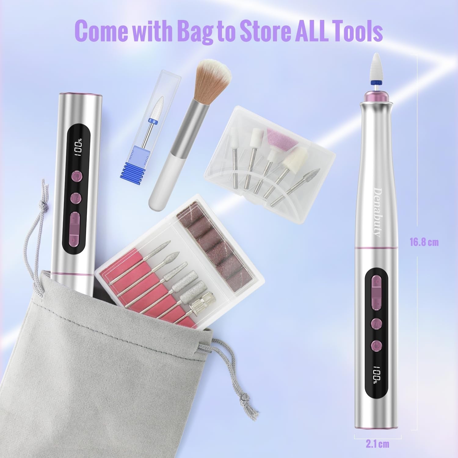 Denabuty Nagelfräser Kabellos, 13 in 1 Fräser Für Gelnägel 35000 U/Min, Elektrische Nagelfeile Professionell Nail Drill, Maniküre und Pedicüre Set Elektrisch Für Semi Permanent, Acrylnägel DN-2402