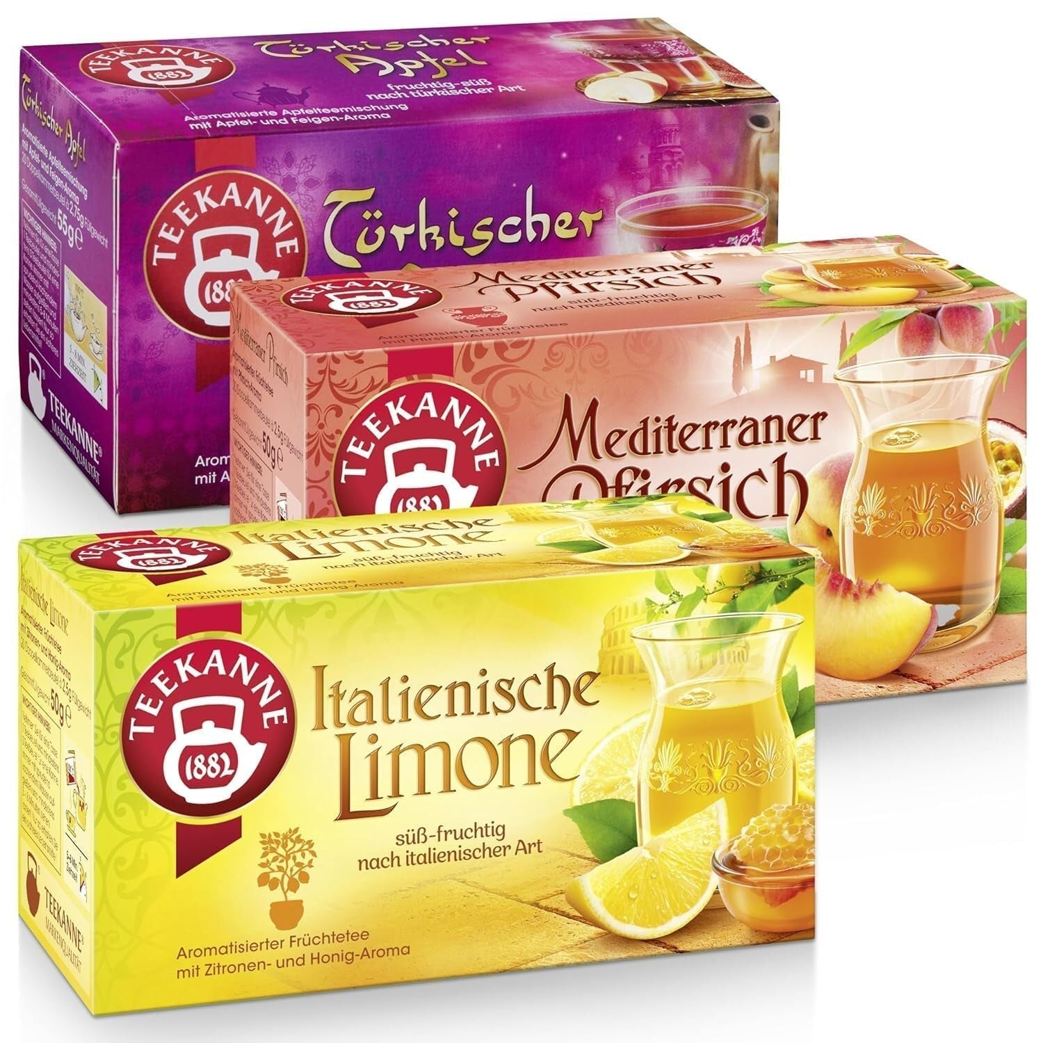 Set da tè Teekanne 3 assortimenti, limone italiano, pesca mediterranea e mela turca, 155g