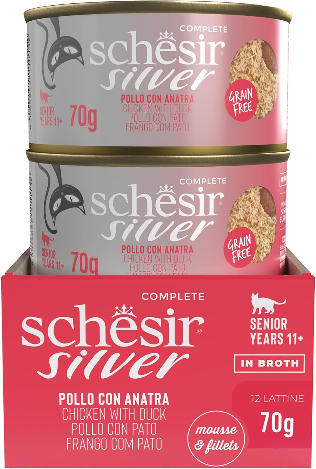 Pollo Silver con mousse e filetti d'anatra, alimento umido completo per gatti anziani, senza cereali, supporto immunitario, fonte di umidità, 12 x 70g