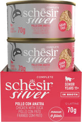 Pollo Silver con mousse e filetti d'anatra, alimento umido completo per gatti anziani, senza cereali, supporto immunitario, fonte di umidità, 12 x 70g
