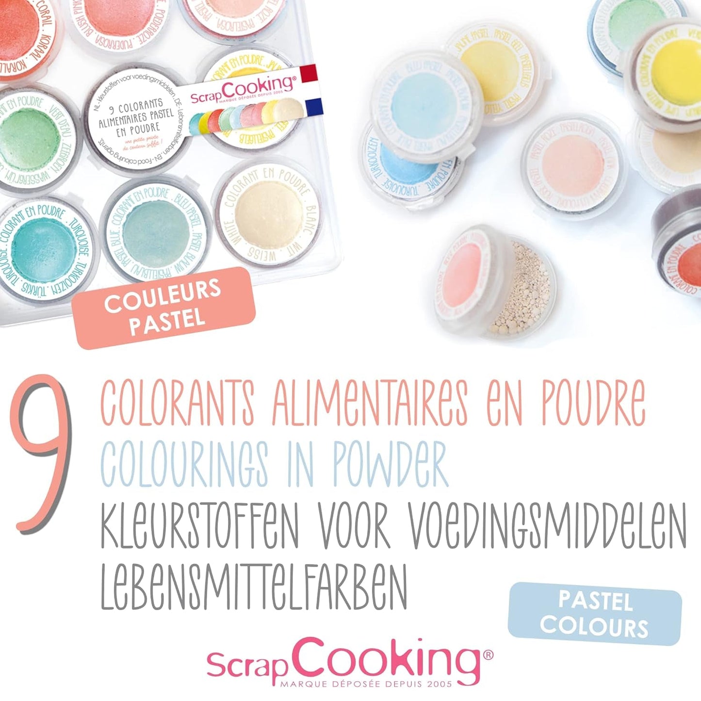 Scrapcooking - Set di 9 coloranti alimentari pastello - Blu, Giallo, Corallo, Rosa, Turchese, Verde lime, Bianco, Verde acqua, Rosa cipria - Polvere colorante commestibile per torte, muffin, macarons - 4272