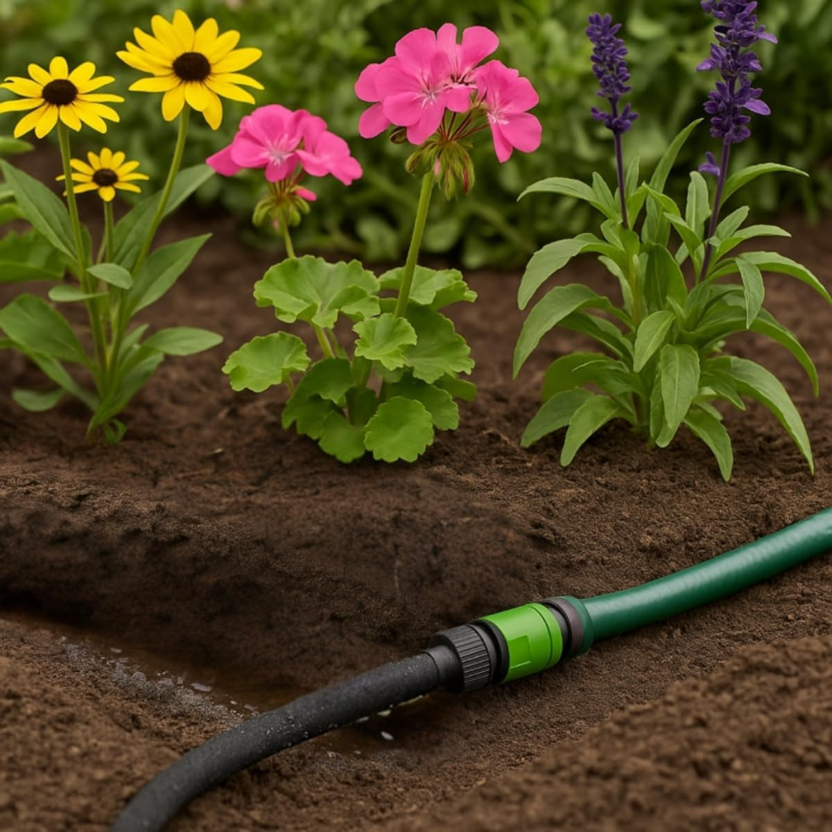 Tubo antigoccia Kinzo 15M Ø14mm - Tubo da giardino con 3 raccordi - Tubo da giardino a risparmio idrico per sistemi di spruzzatura - Tubo nero