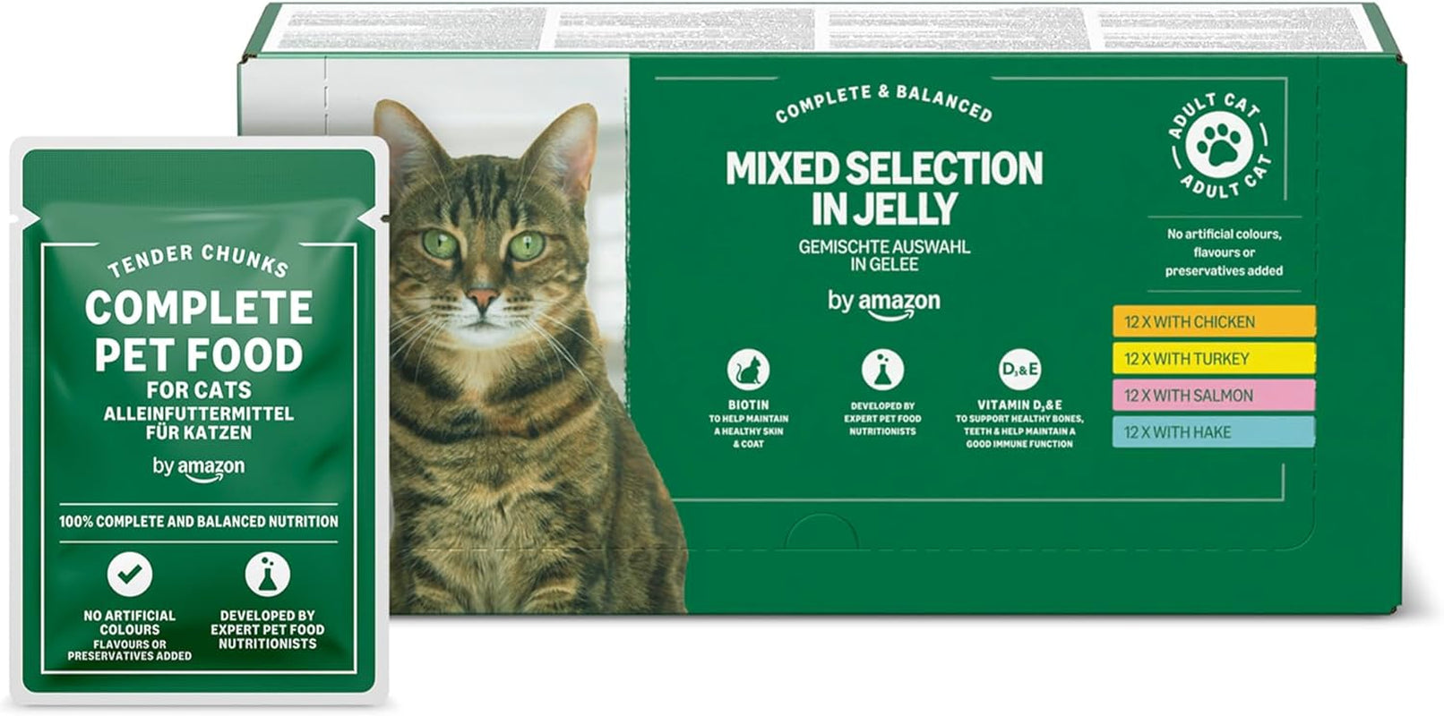 Alimento umido per gatti Amazon senza cereali per gatti adulti Selezione mista in gelatina da 4,8 kg (48 confezioni da 100 g ciascuna)