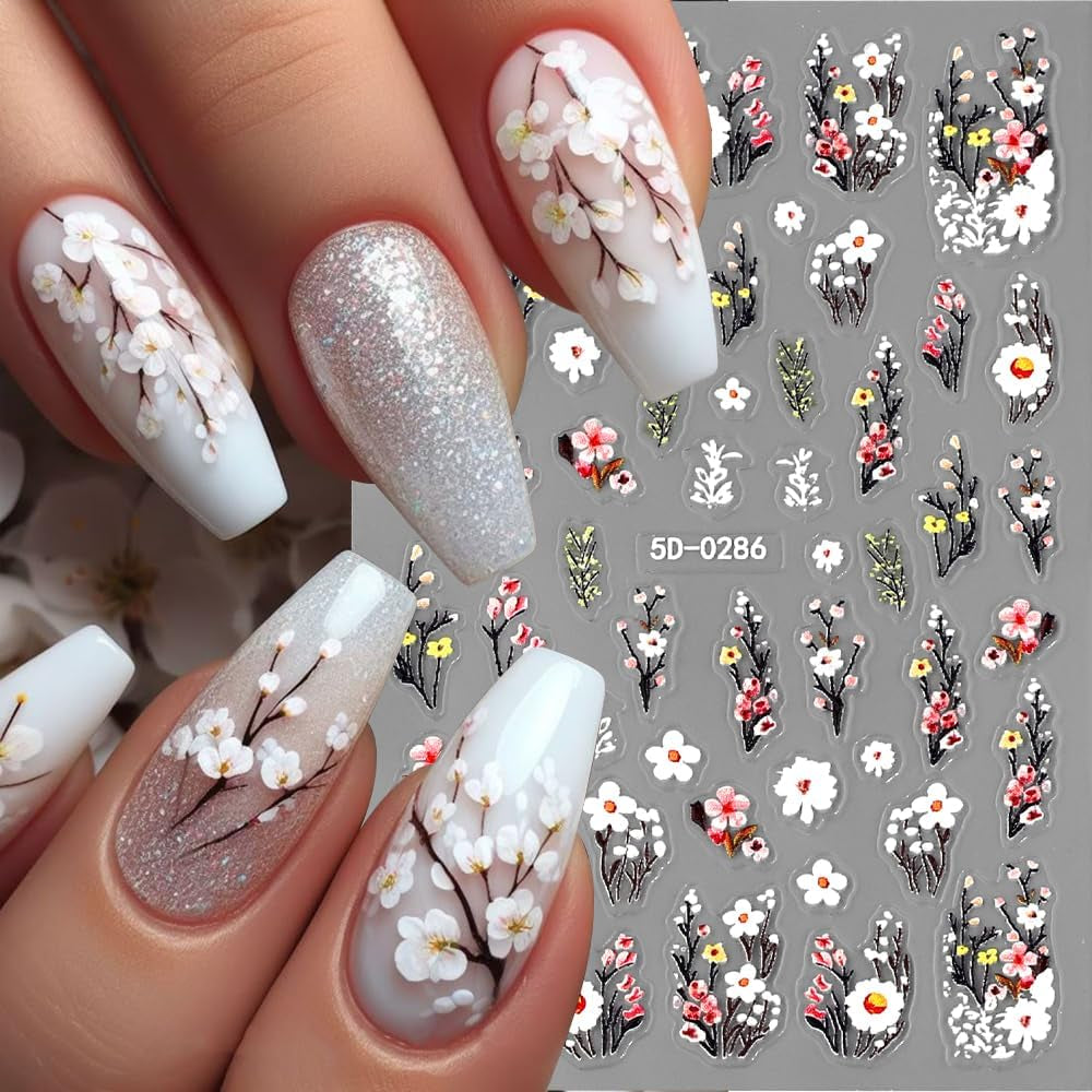 Adesivi per unghie con fiori di prugna, Adesivi per unghie con fiori bianchi e rosa, Adesivi per unghie con fiori in rilievo, Adesivi per unghie con fiori primaverili ed estivi, Disegni per unghie, Accessori per unghie, Nail Art