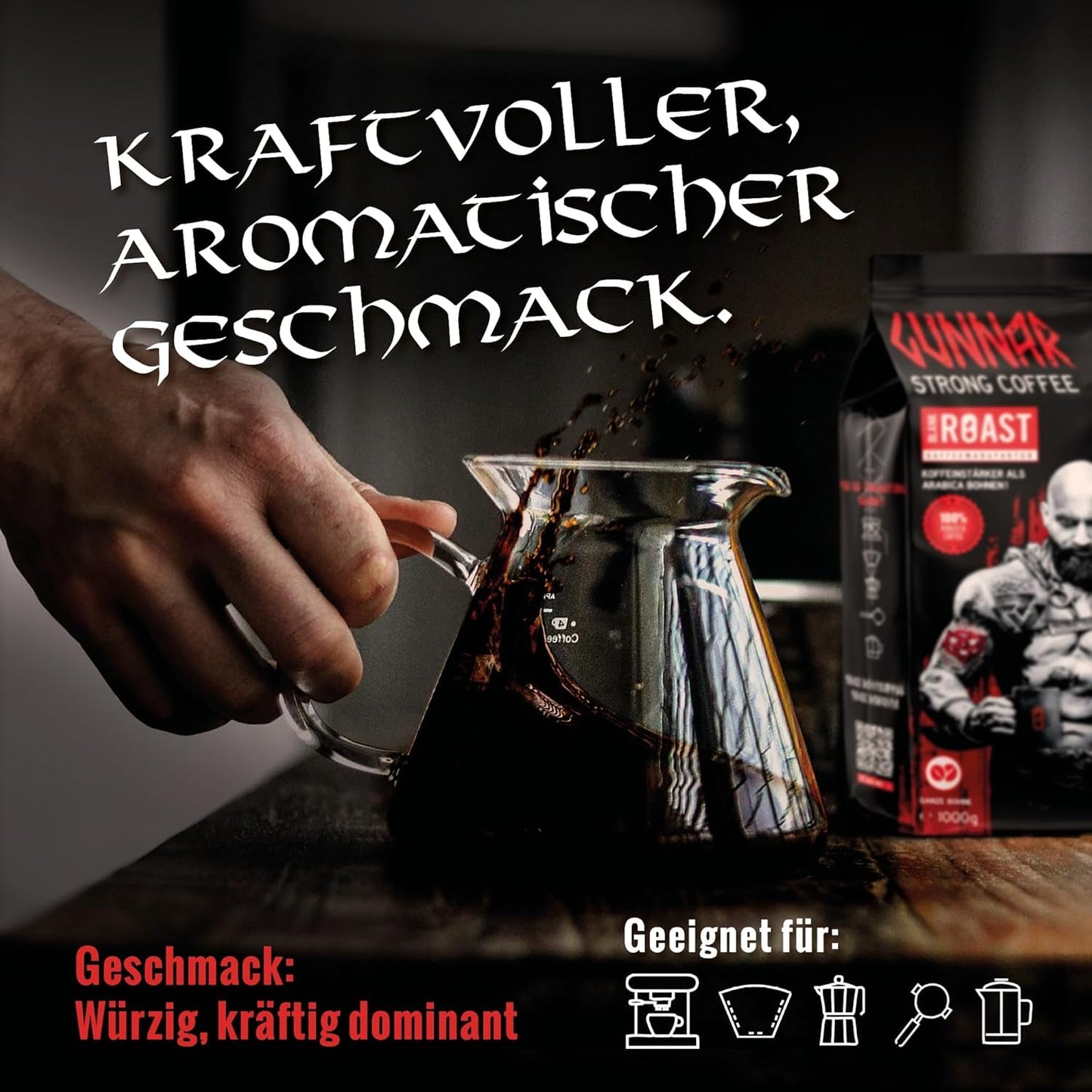 Arrosto Bianco - GUNNAR - 1kg - Whole Kaffee-Bohnen Extra Strong - Kräftige Robusta-Röstung - 494mg Kaffein je Tasse - Würzig & Kraftvoll mit Noten von dunkler Schokolade - Säurearm