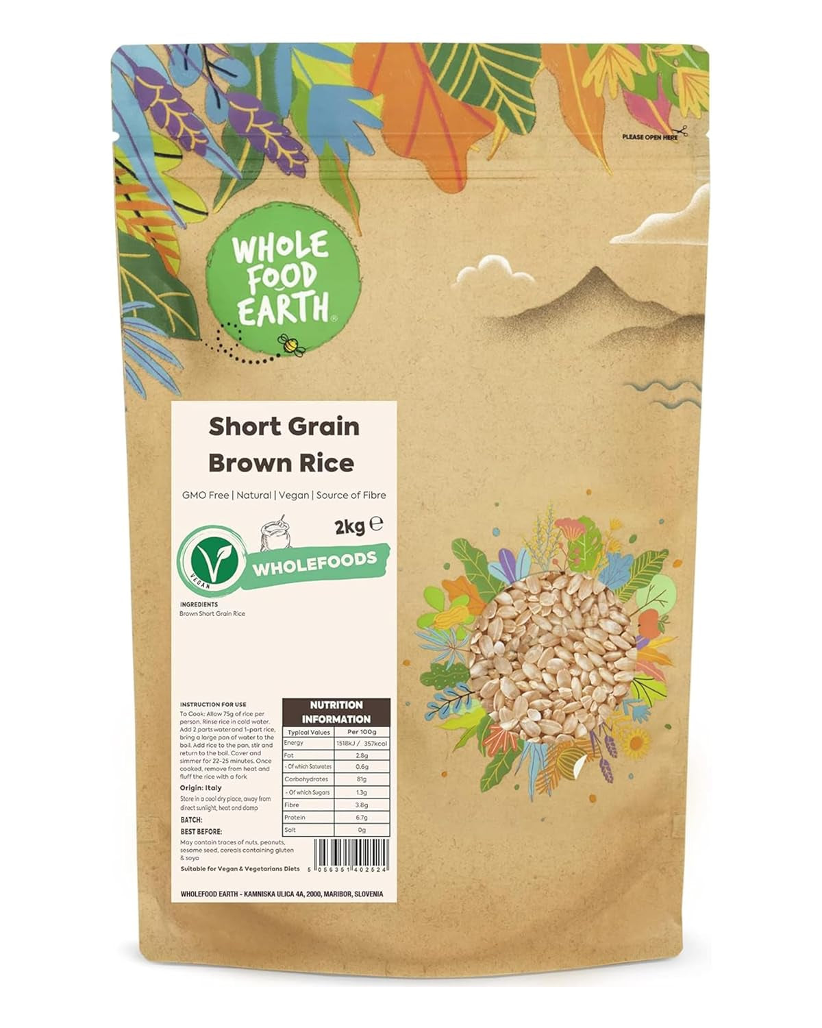 Riso integrale a chicco corto Wholefood Earth - non OGM - naturale - vegano - senza latticini - senza zuccheri aggiunti, 2 kg