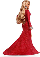 Barbie Mariah Carey - Bambola da collezione con vestito rosso scintillante, volant, spacco, riccioli affascinanti, accessori argento, tacchi alti rossi, tradizione natalizia, decorazione, HJX17