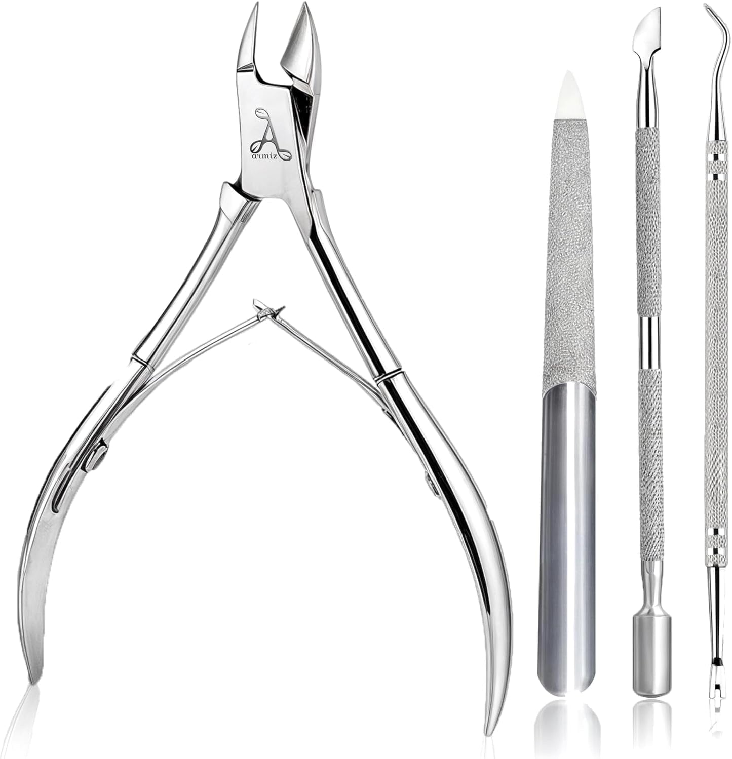 ARMIZ Set di 4 pinze e spingi cuticole, set di strumenti professionali per la rimozione delle cuticole, pinze multiuso per manicure e pedicure in acciaio inossidabile