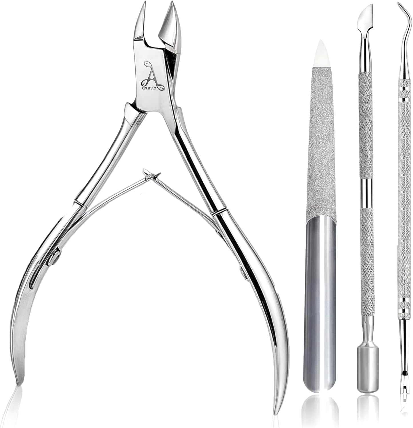 ARMIZ Set di 4 pinze e spingi cuticole, set di strumenti professionali per la rimozione delle cuticole, pinze multiuso per manicure e pedicure in acciaio inossidabile
