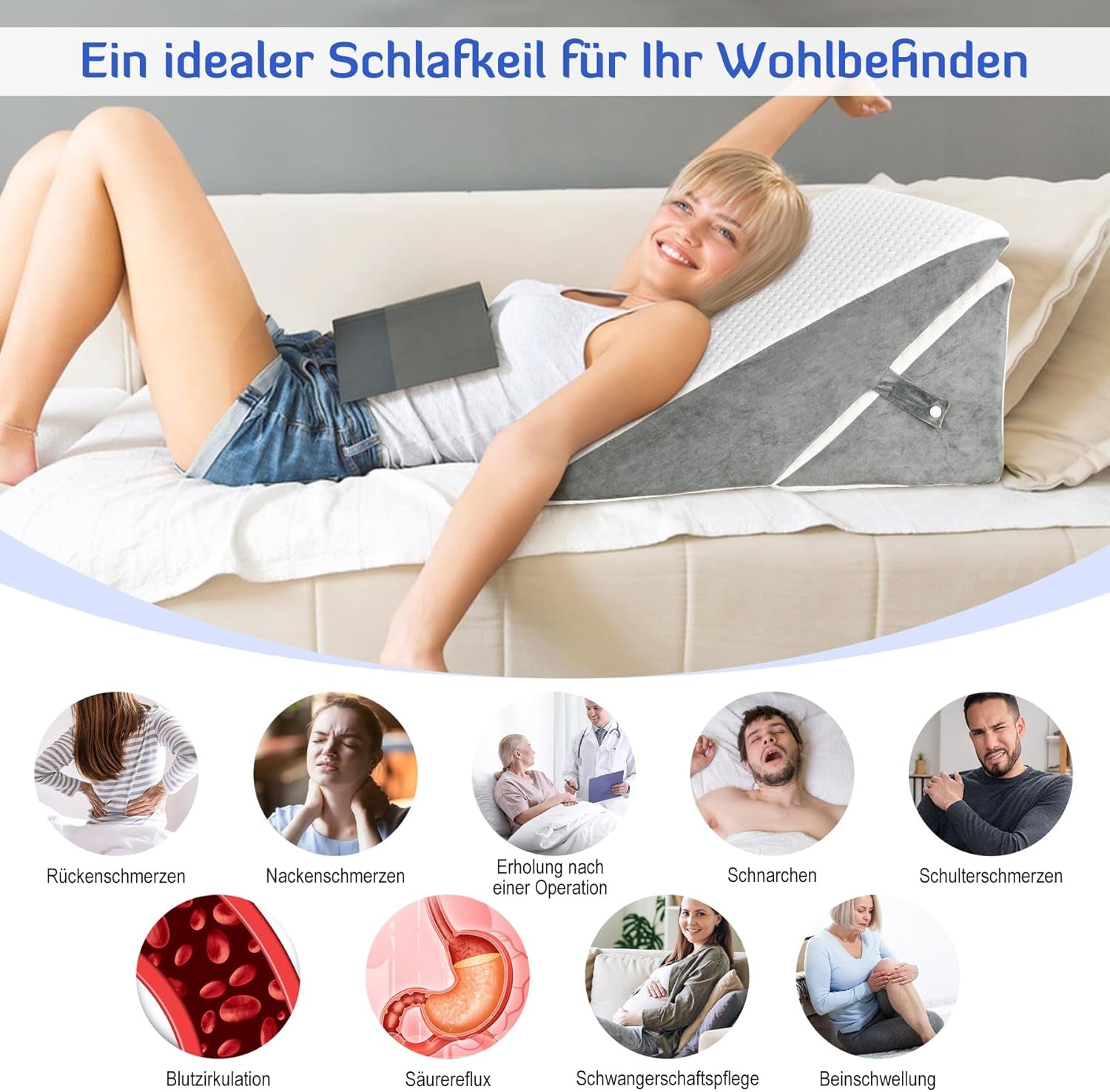 Cuscino a cuneo regolabile per BAMBINI, Cuscino da lettura in schiuma ad alta densità per letto e divano, Cuscino ergonomico per la testa a cuneo per apnea da reflusso notturno, Cuscino per le gambe/Cuscino per la schiena per il gioco e la lettura (Bianco e grigio)