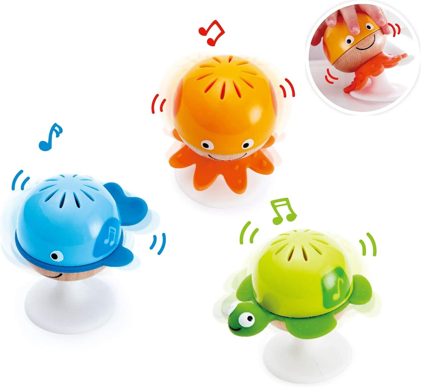 Set sonaglio con ventosa Hape | Tre animali con elementi di dentizione, tartaruga, polpo e balena | Giocattolo didattico da 0 mesi Baby Toys Naty Shop Single