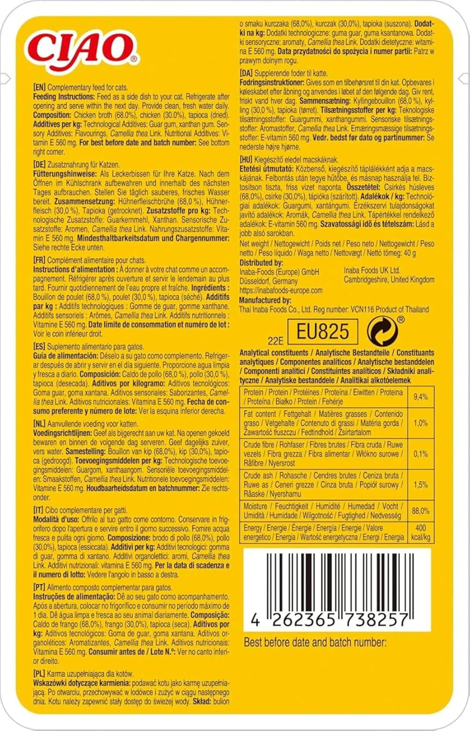 INABA Ciao Broth Cibo umido per gatti 88% di umidità e vitamina E, zuppa premium per gatti con pollo 40 g (confezione da 12), carne naturale al 100%, senza cereali, senza zucchero