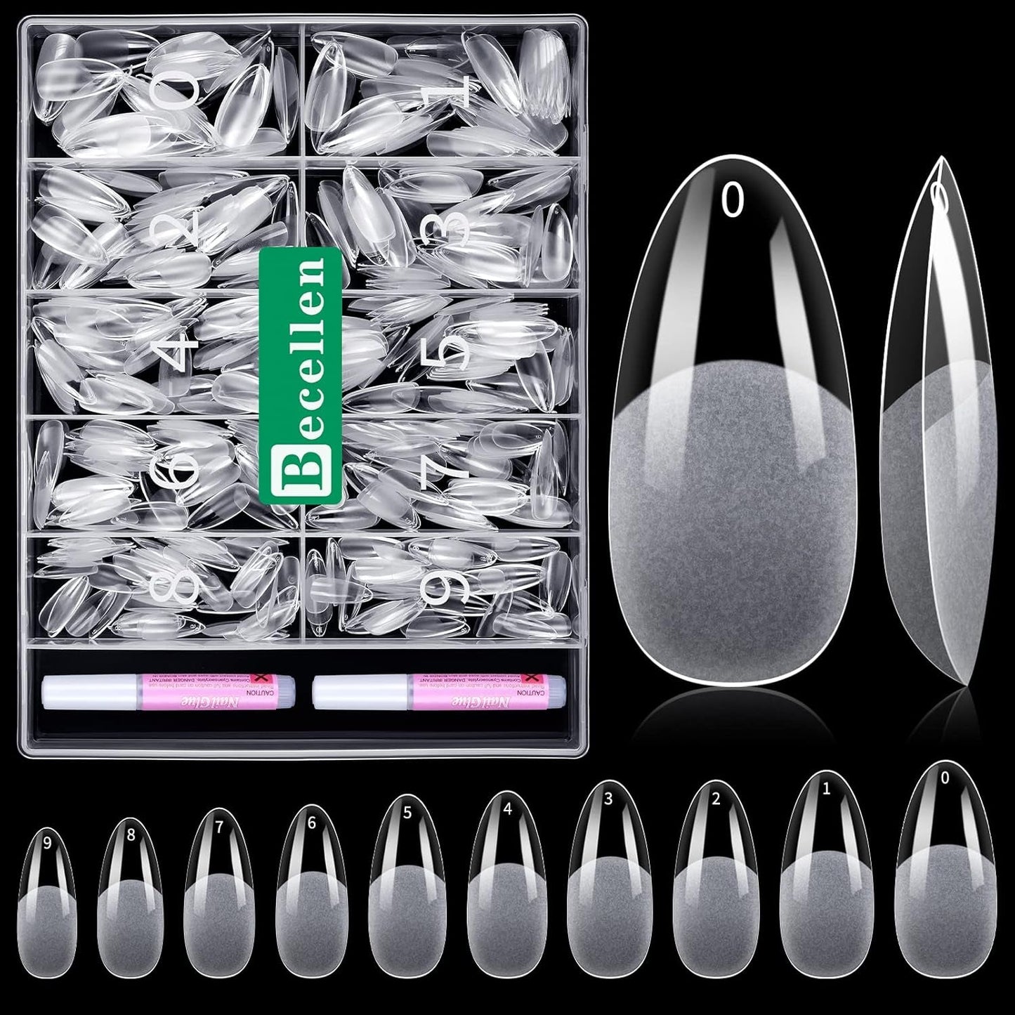 Becellen 500 punte per unghie artificiali, punte per unghie in gel morbido, copertura completa, punte per unghie in gel, unghie artificiali pre-lucidate, set di colla per nail art fai da te (mandorle)