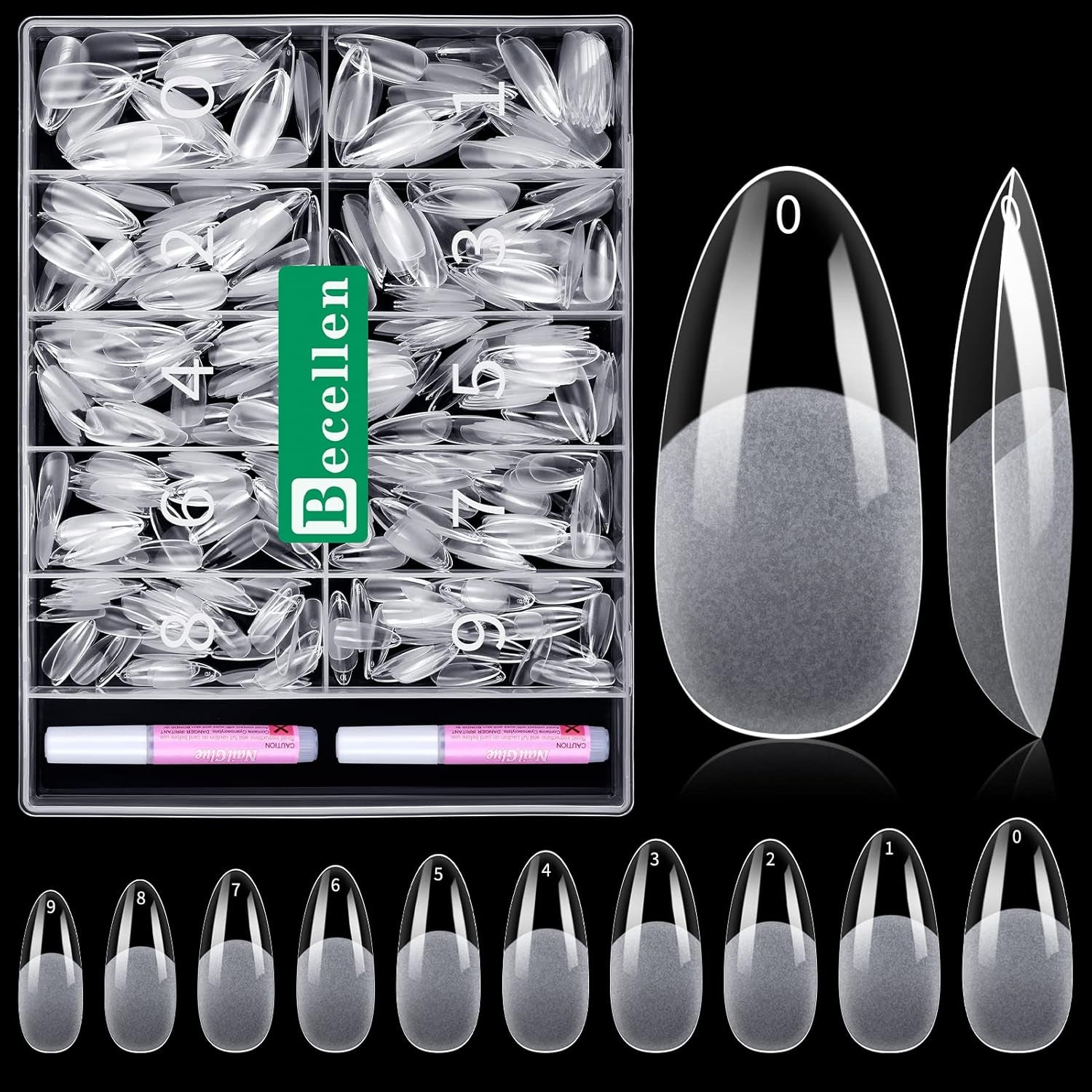 Becellen 500 punte per unghie artificiali, punte per unghie in gel morbido, copertura completa, punte per unghie in gel, unghie artificiali pre-lucidate, set di colla per nail art fai da te (mandorle)