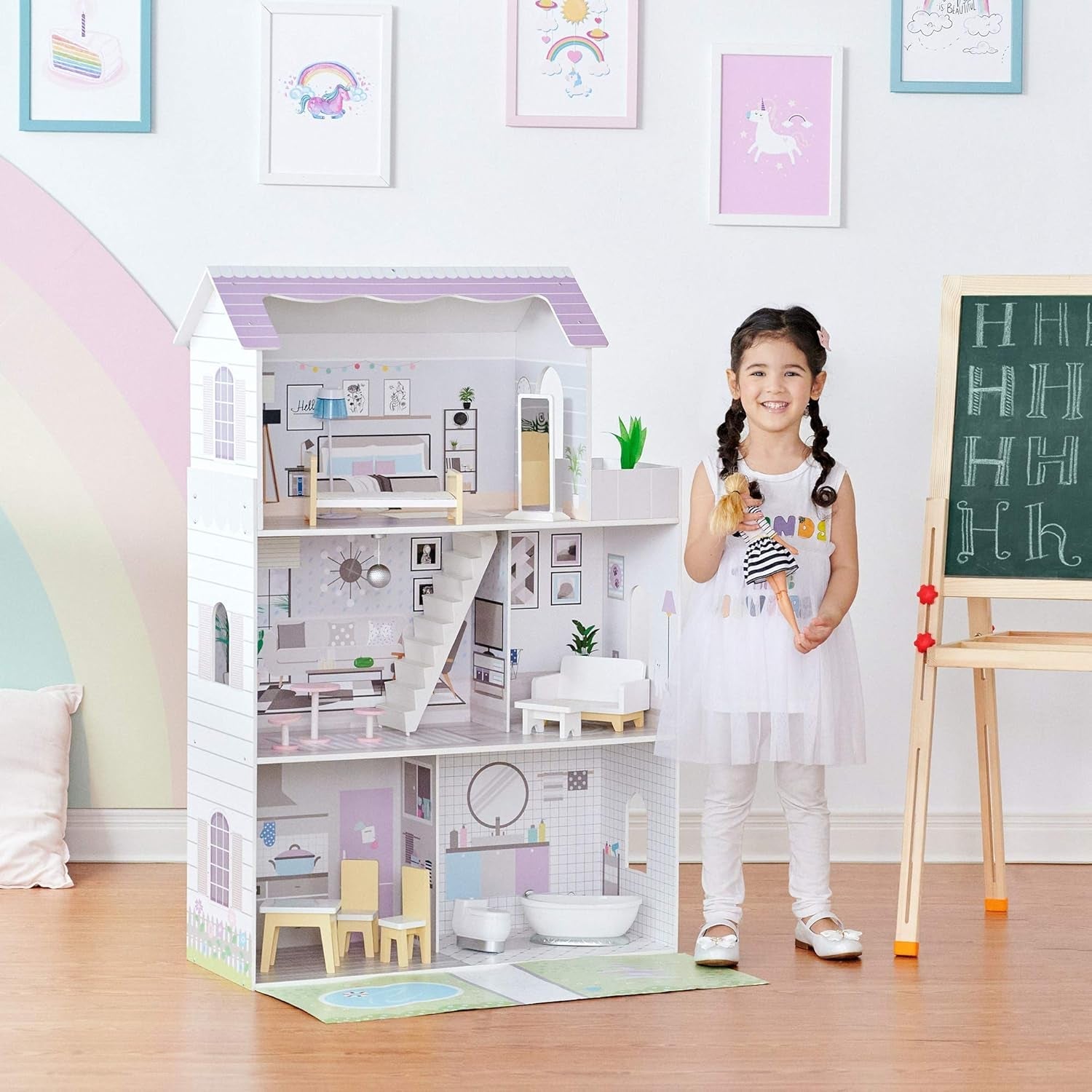 Teamson Kids Olivias Little World Casa delle Bambole Gigante con 16 Accessori per Bambole, Casa delle Bambole in Legno con Mobili, 3 Piani, Casa delle Bambole per Bambole da 12 Pollici/30 cm, Età 3 Anni+ Naty Shop Case delle Bambole
