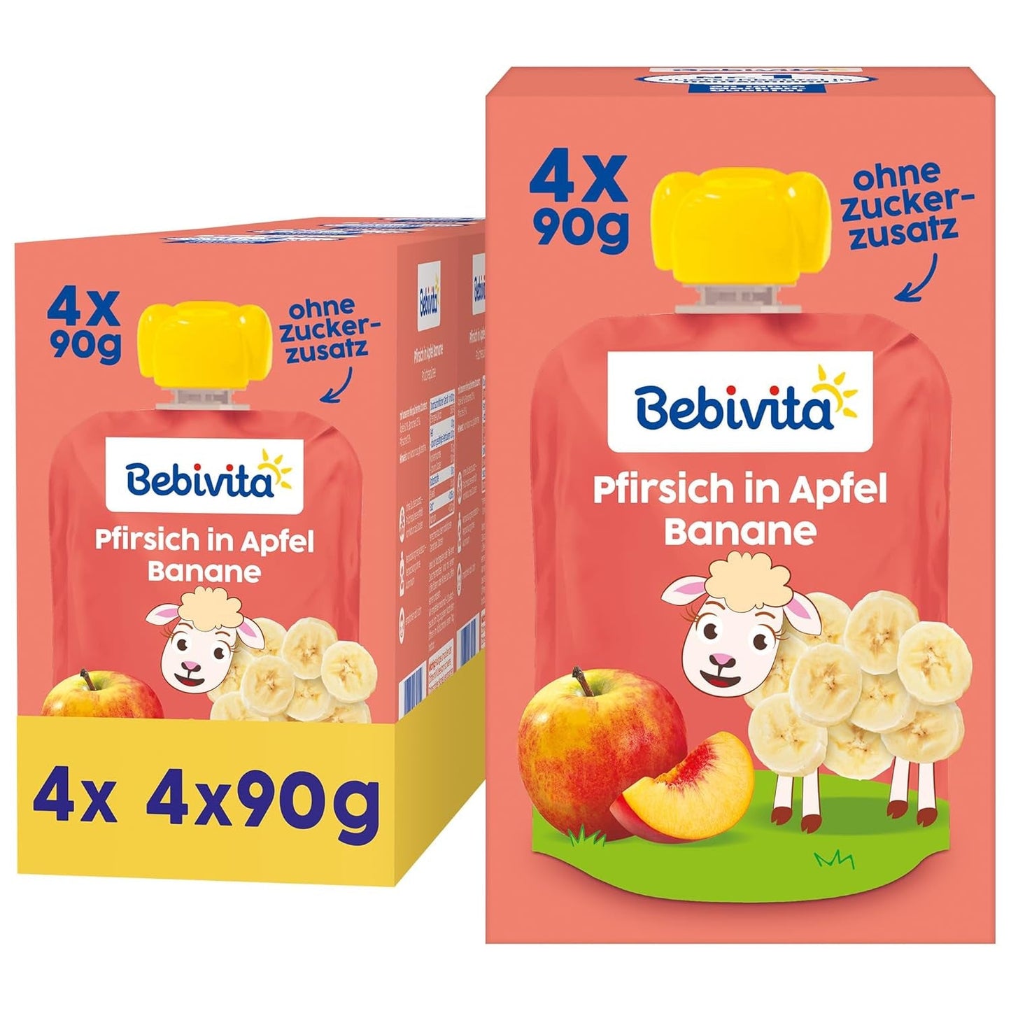 Buste comprimibili di pesca, mela e banana - 16 (confezione da 4, 4 x 90 g ciascuna), senza zuccheri aggiunti, senza glutine, ideali per snack da asporto e per il consumo autonomo