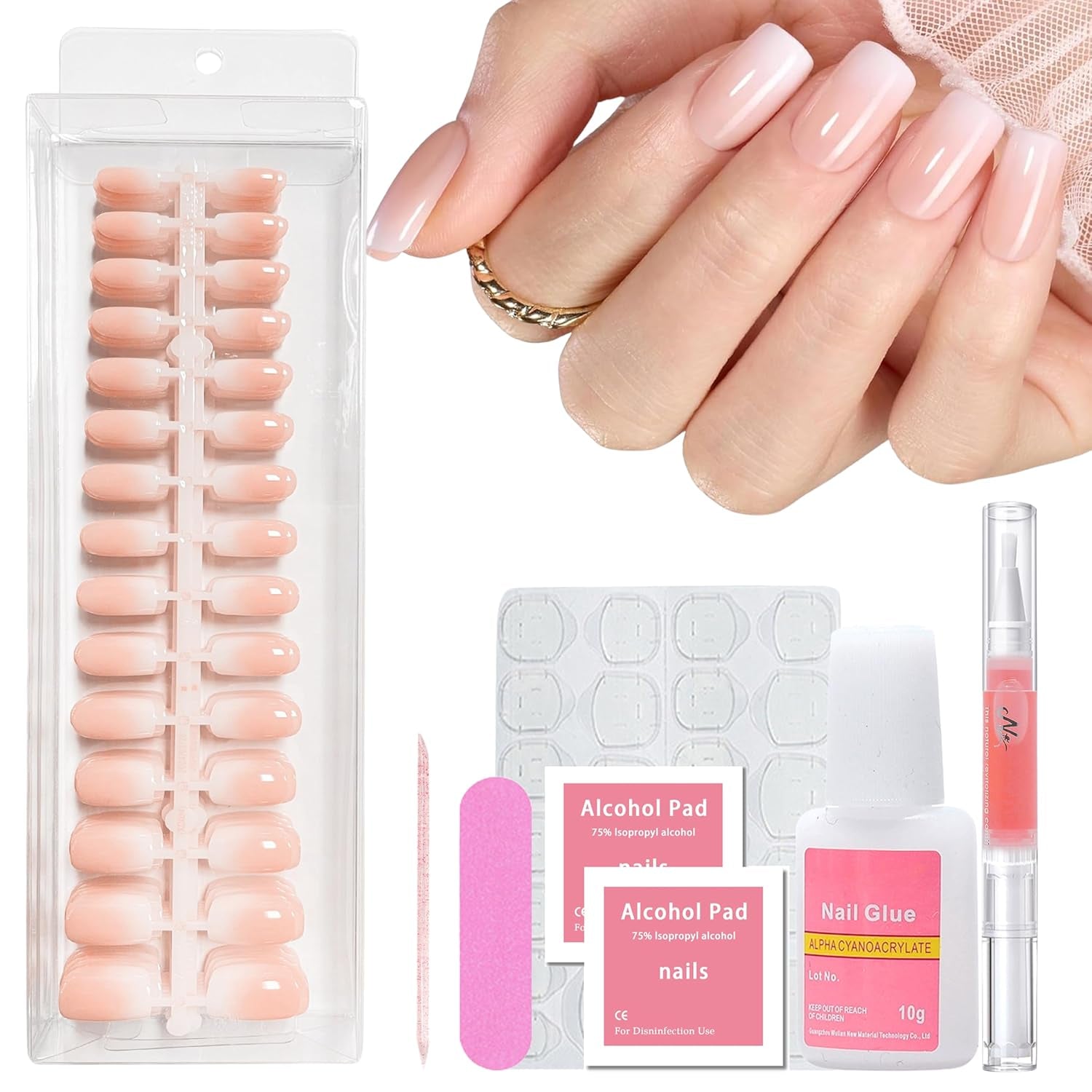 Set di 240 unghie quadrate sfumate, unghie artificiali sfumate bianche nude per colla con penna a olio, unghie finte naturali medie ombre per donne fai da te (Nude Square)
