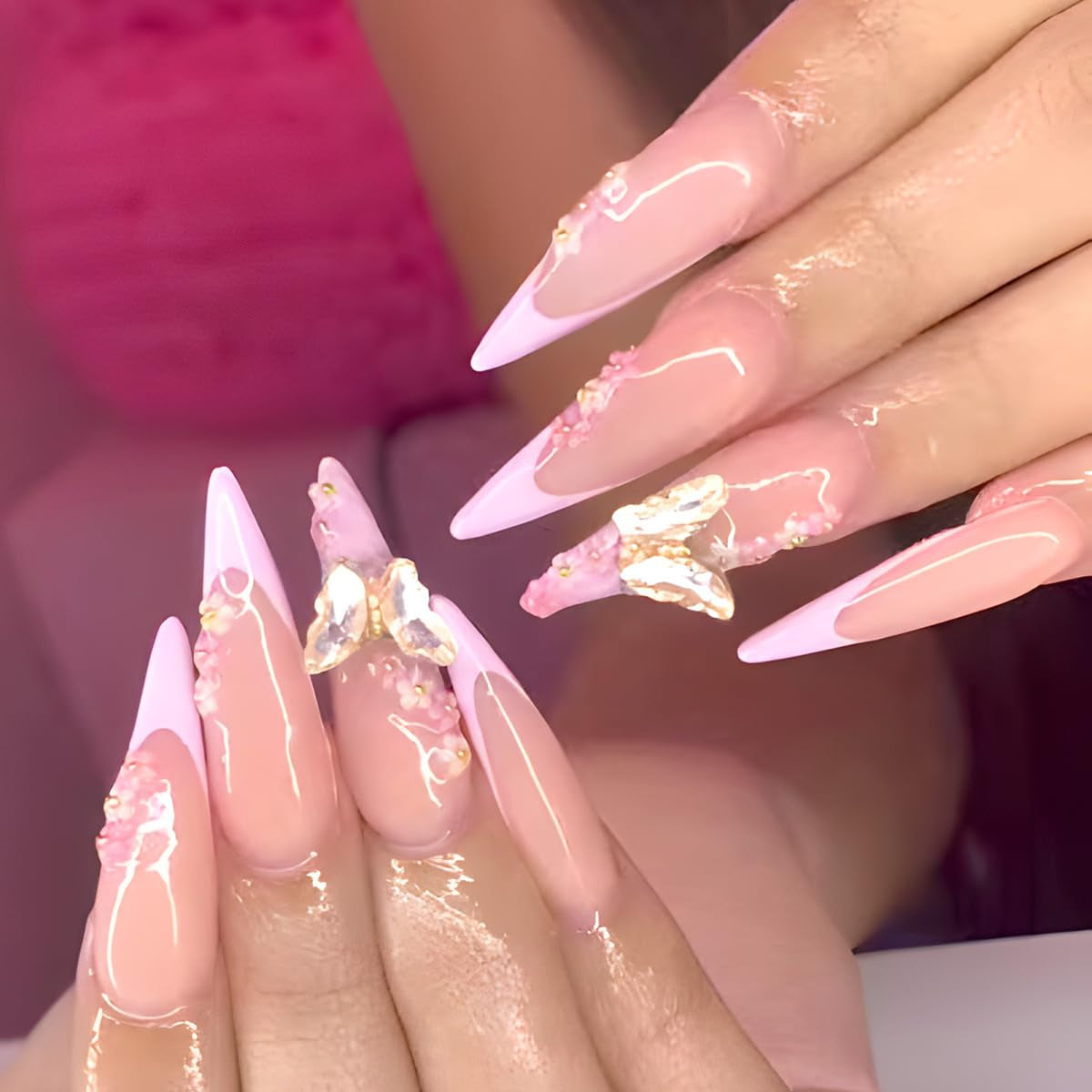 Moonglow Unghie Lunghe Stiletto Bianco Latte Rosa Sfumato Glitter Unghie Finte Fresche Con Colla Unghie Artificiali Glitter Rosa Ombre