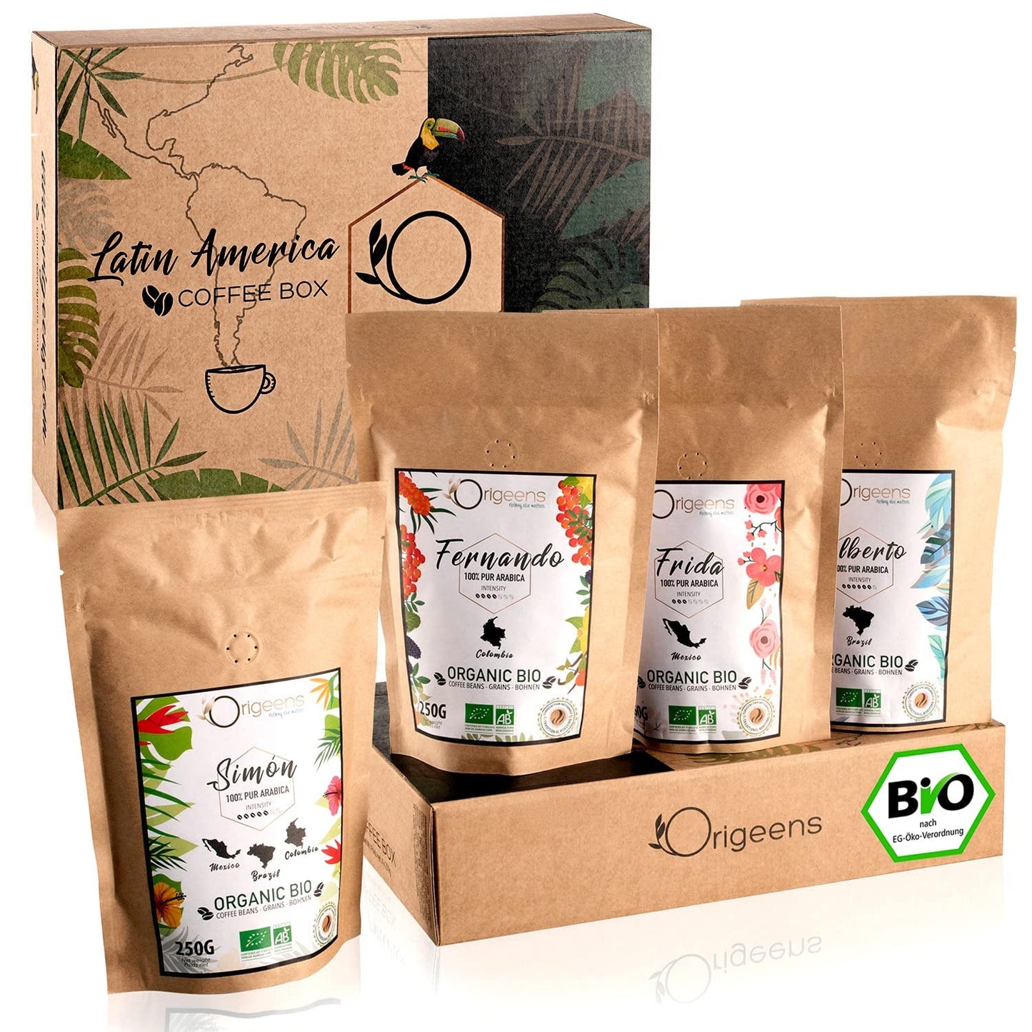 ORIGEENS Bio Kaffeebohnen Probierset 1kg | Premium Bio Arabica Kaffee Ganze Bohnen Set 4x250g | Röstung tradizionale | Kaffee Geschenkset
