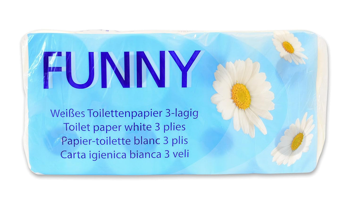 Carta igienica divertente AG-014, 3 veli, 250 fogli, 9,5 cm x 11 cm, bianco, confezione singola da 8 rotoli