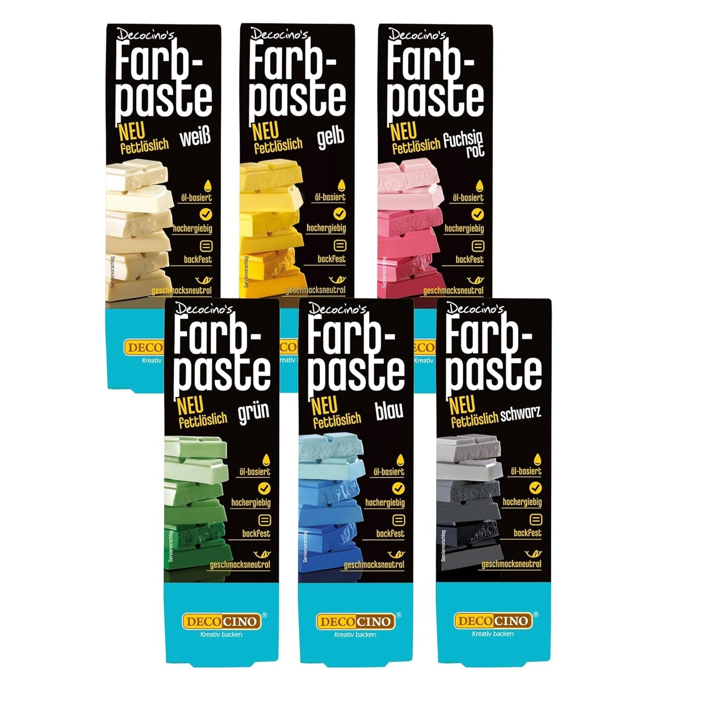 Decocino Pasta colorante liposolubile Set da 6 - 6 x 15 g - Coloranti alimentari in rosso, bianco, verde, giallo, blu e nero, ideali per colorare torte, fondente e creme - Senza azo e glutine