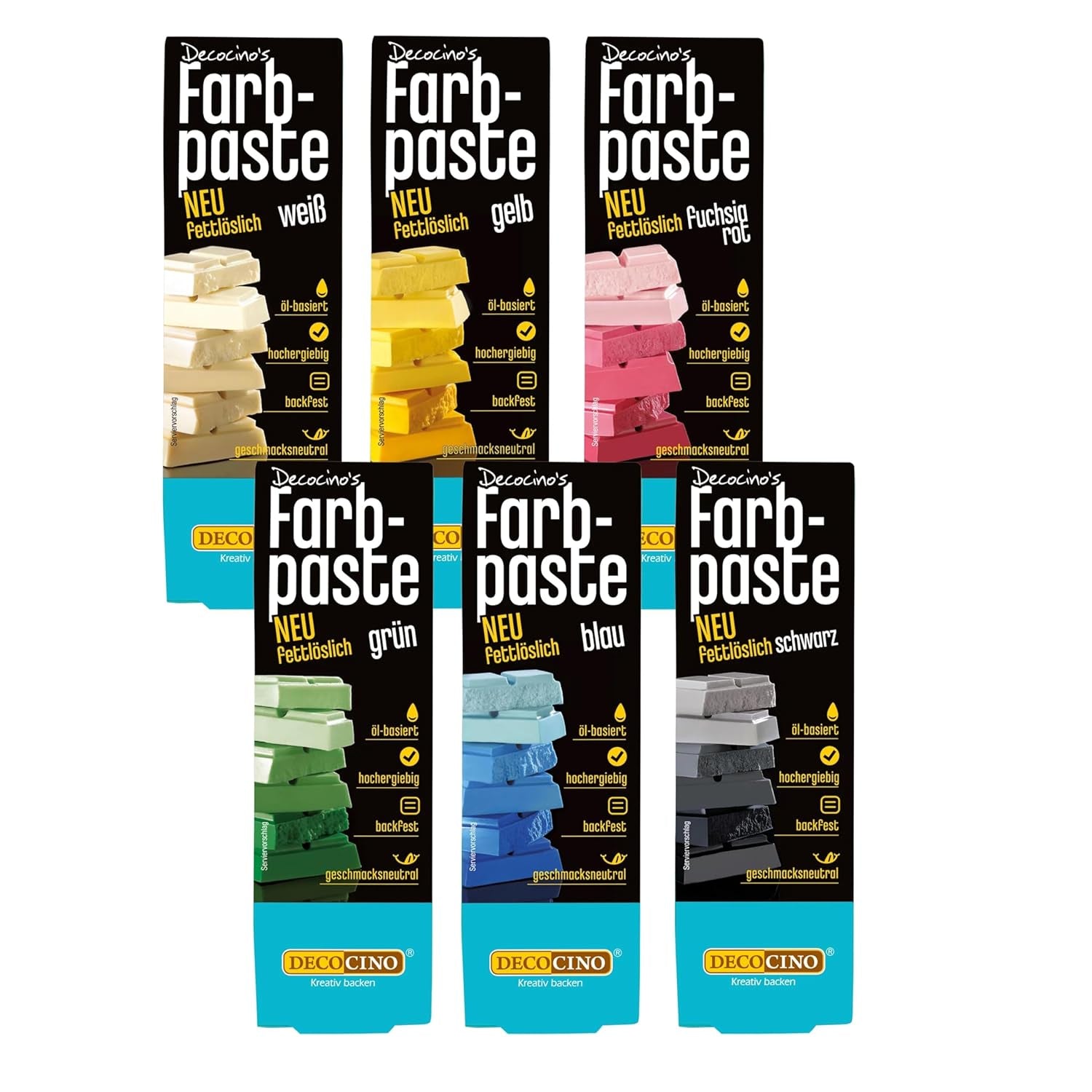 Decocino Pasta colorante liposolubile Set da 6 - 6 x 15 g - Coloranti alimentari in rosso, bianco, verde, giallo, blu e nero, ideali per colorare torte, fondente e creme - Senza azo e glutine