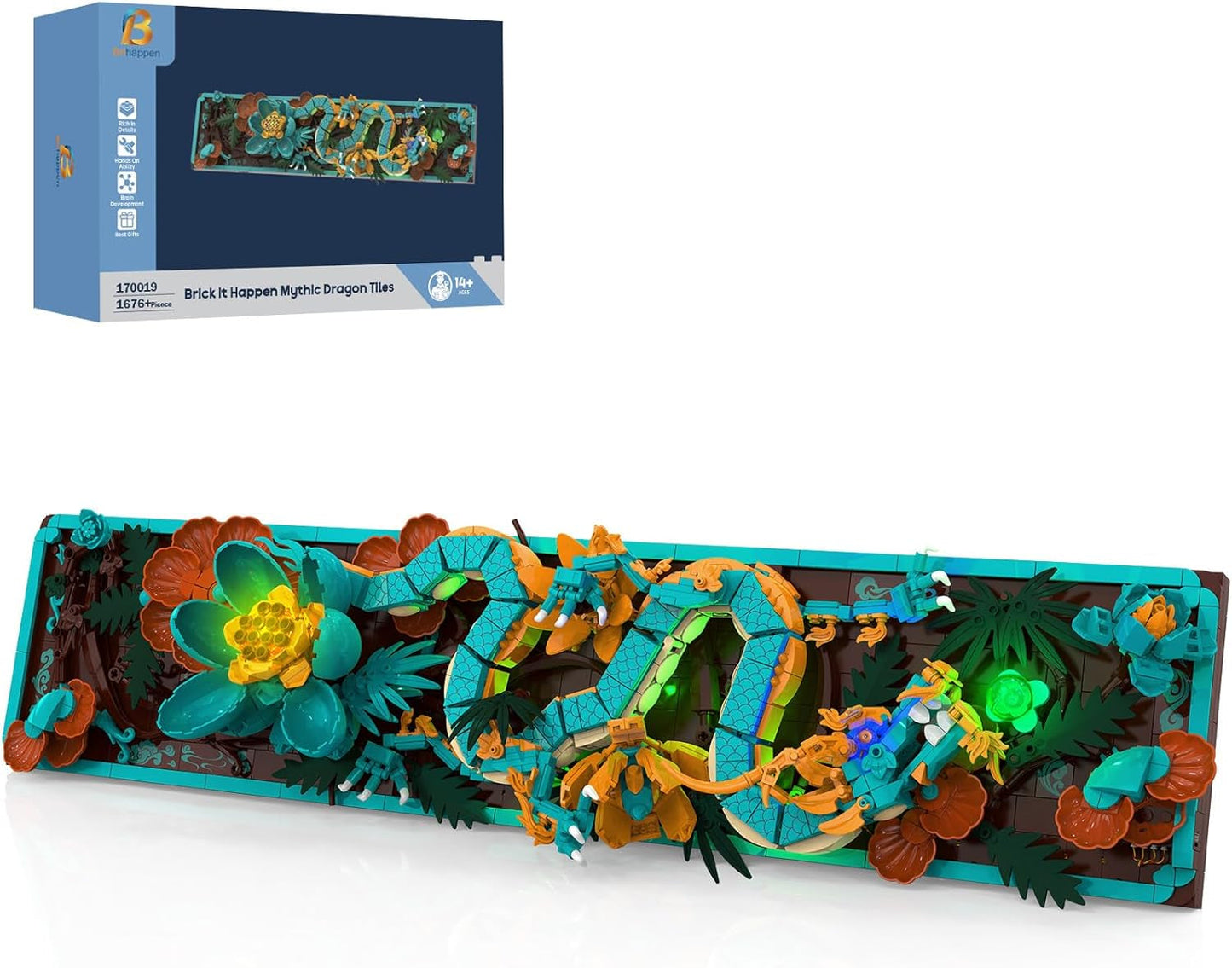 Kit di costruzione di piastrelle del mitico drago per adulti, giocattolo da costruzione 3D Divine Loong Art con luci a LED e fiori, kit di modelli in rilievo di draghi fai da te, regali creativi e decorazioni (1676 pezzi)