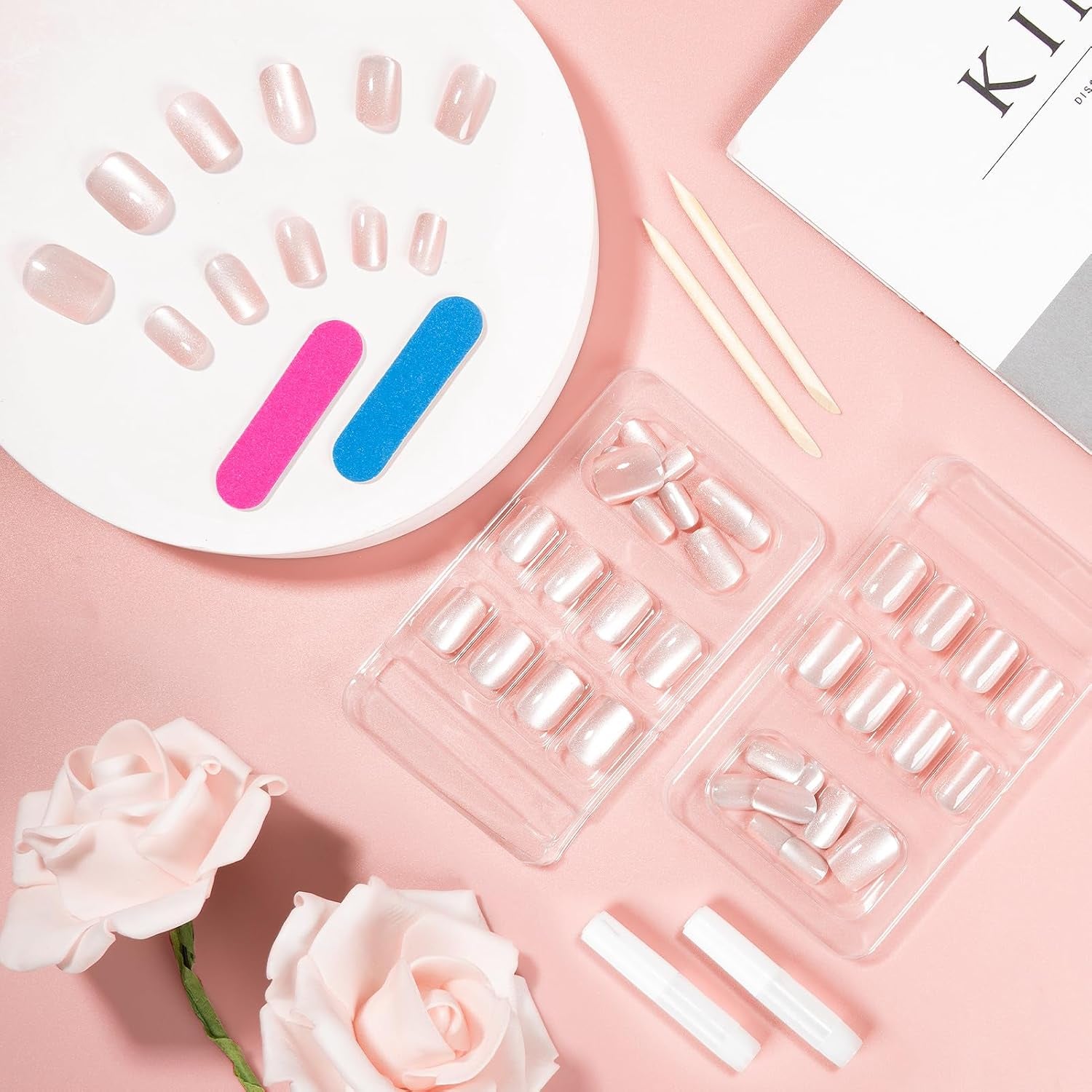 Kiiwah 48 pezzi unghie corte quadrate unghie artificiali rosa colla su punte per unghie corte punte per unghie finte