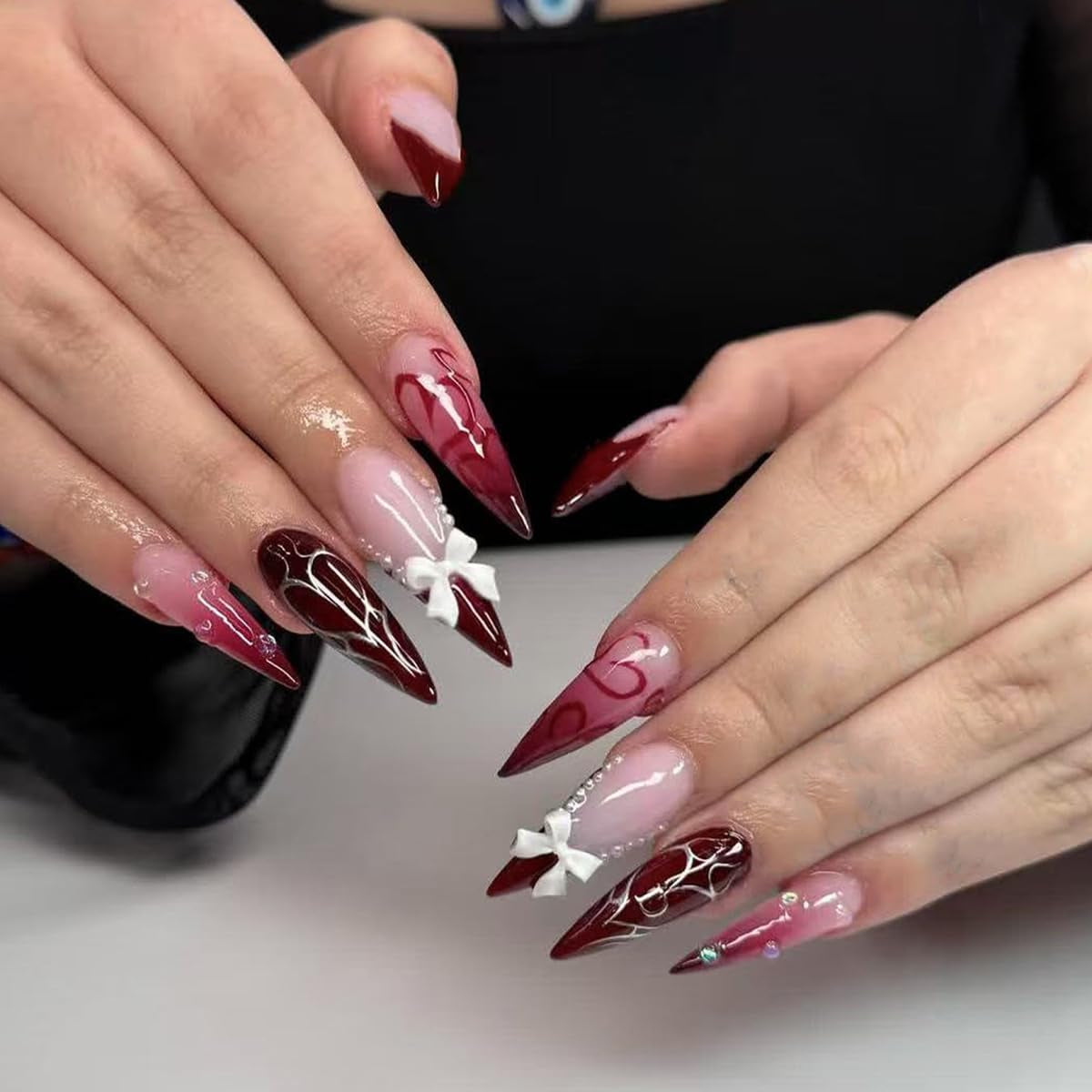 Moonglow Unghie Lunghe Stiletto Bianco Latte Rosa Sfumato Glitter Unghie Finte Fresche Con Colla Unghie Artificiali Glitter Rosa Ombre