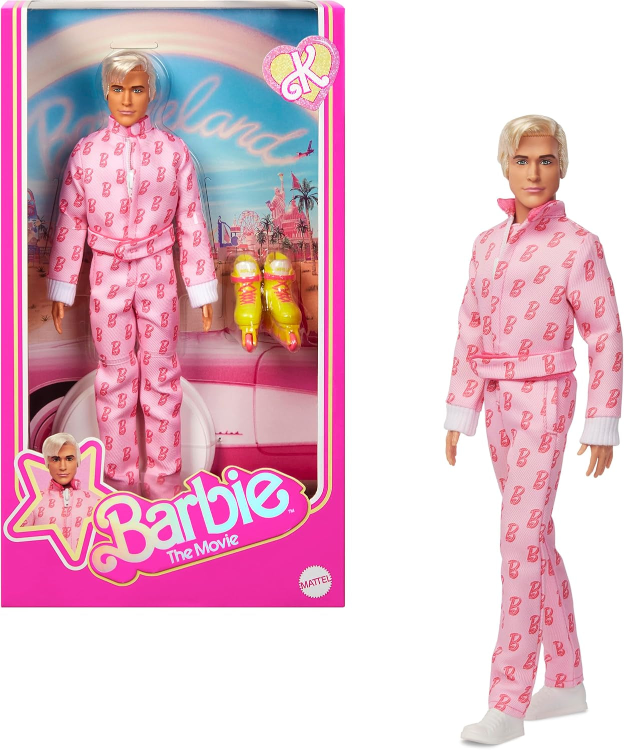 Barbie The Movie - Ken-Sammelpuppe, Ryan Gosling als Ken in rosafarbenem Complessivamente con "B"-Aufdruck, scarpe da ginnastica bianche e pattini in linea elastici, JCP80
