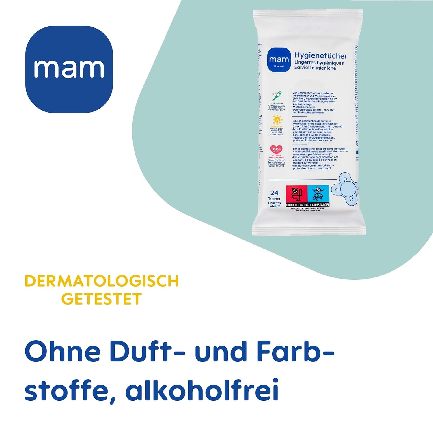 MAM Assorbenti Igienici Confezione da 3 (3 x 24 Pezzi), Salviette Detergenti per Dispositivi Medici e Accessori per Neonati, Assorbenti Igienici Antibatterici e Anti Virus