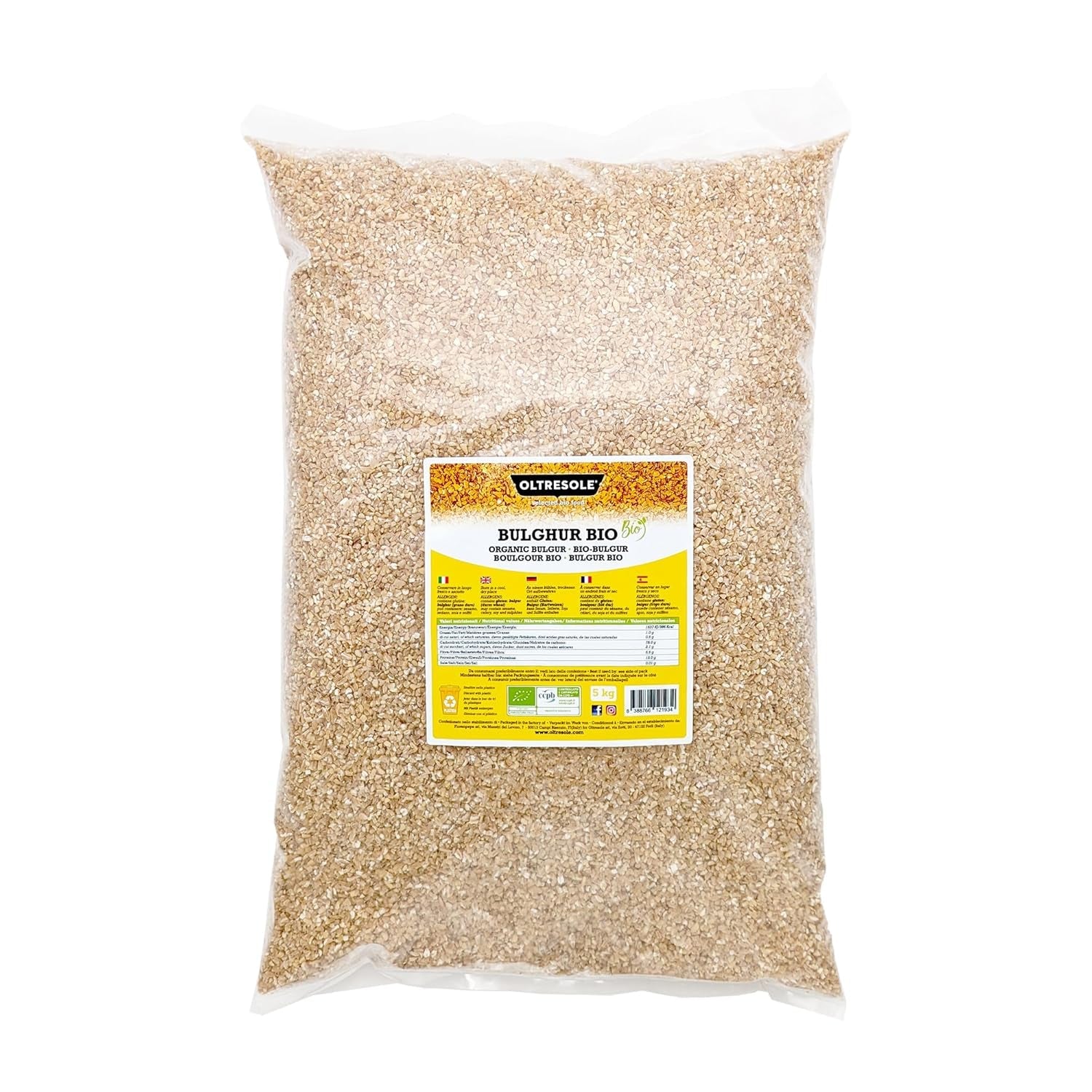 Bulgur italiano biologico 5 kg, integrale, grano duro, grano spezzato, ideale per preparare tabbouleh e piatti orientali, formato pratico
