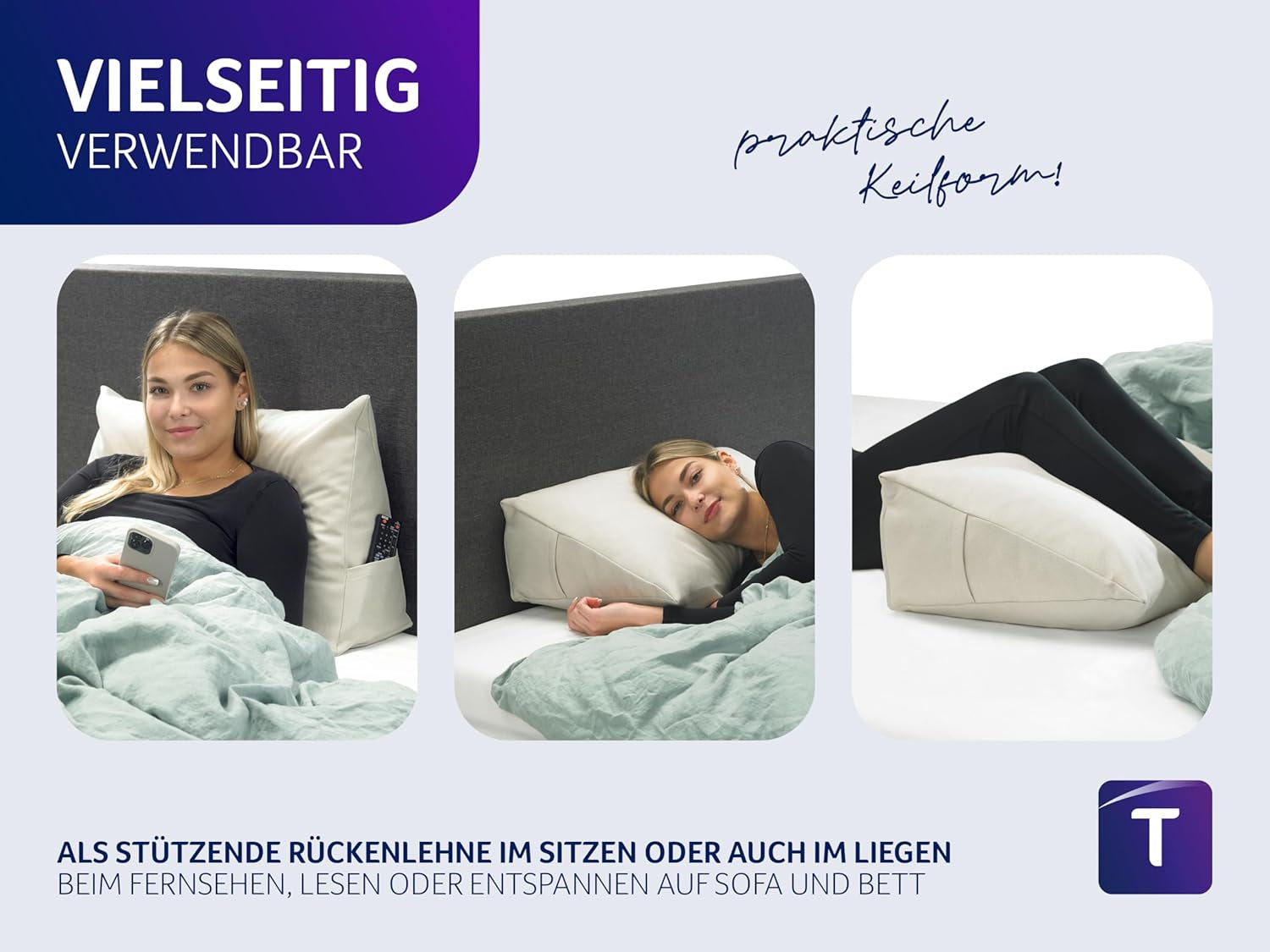 Cuscino Traumnacht Cozy Back, cuscino da lettura, 70 x 40 cm beige, rivestimento sfoderabile e lavabile in 100% poliestere, pratica tasca laterale, certificato Oeko-Tex, prodotto secondo gli standard di qualità tedeschi