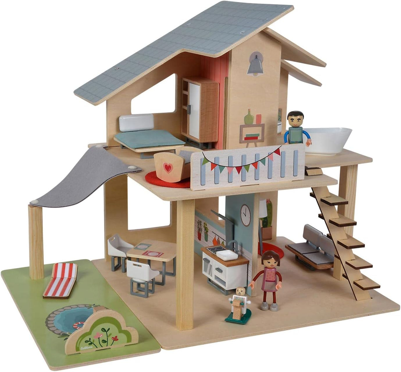 Eichhorn - Casa delle bambole con accessori - incl. mobili e 3 personaggi, non assemblati, in legno, 25 pezzi, 53x36x44 cm, da tre anni